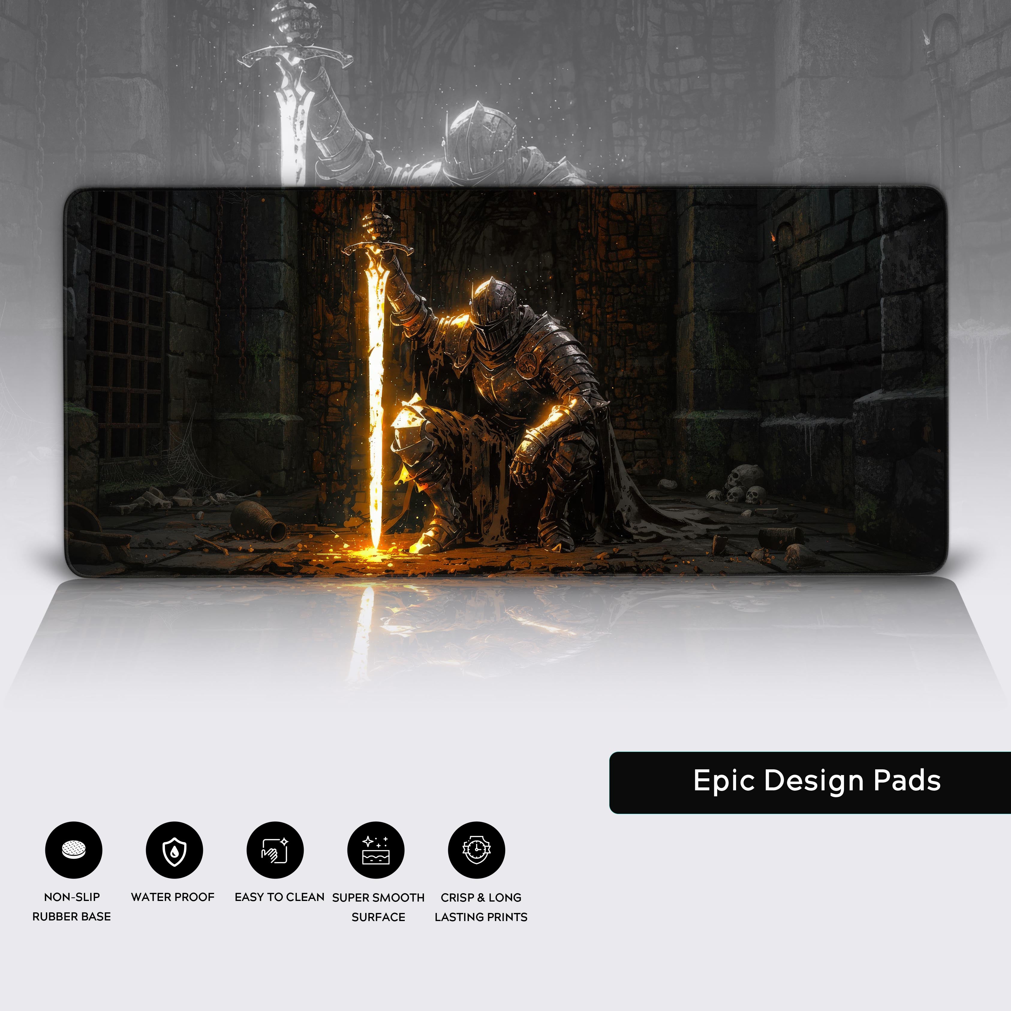 gaming desk mat featuring armored knight holding glowing sword in dark medieval dungeon - Epic Design Pads & Mousepads