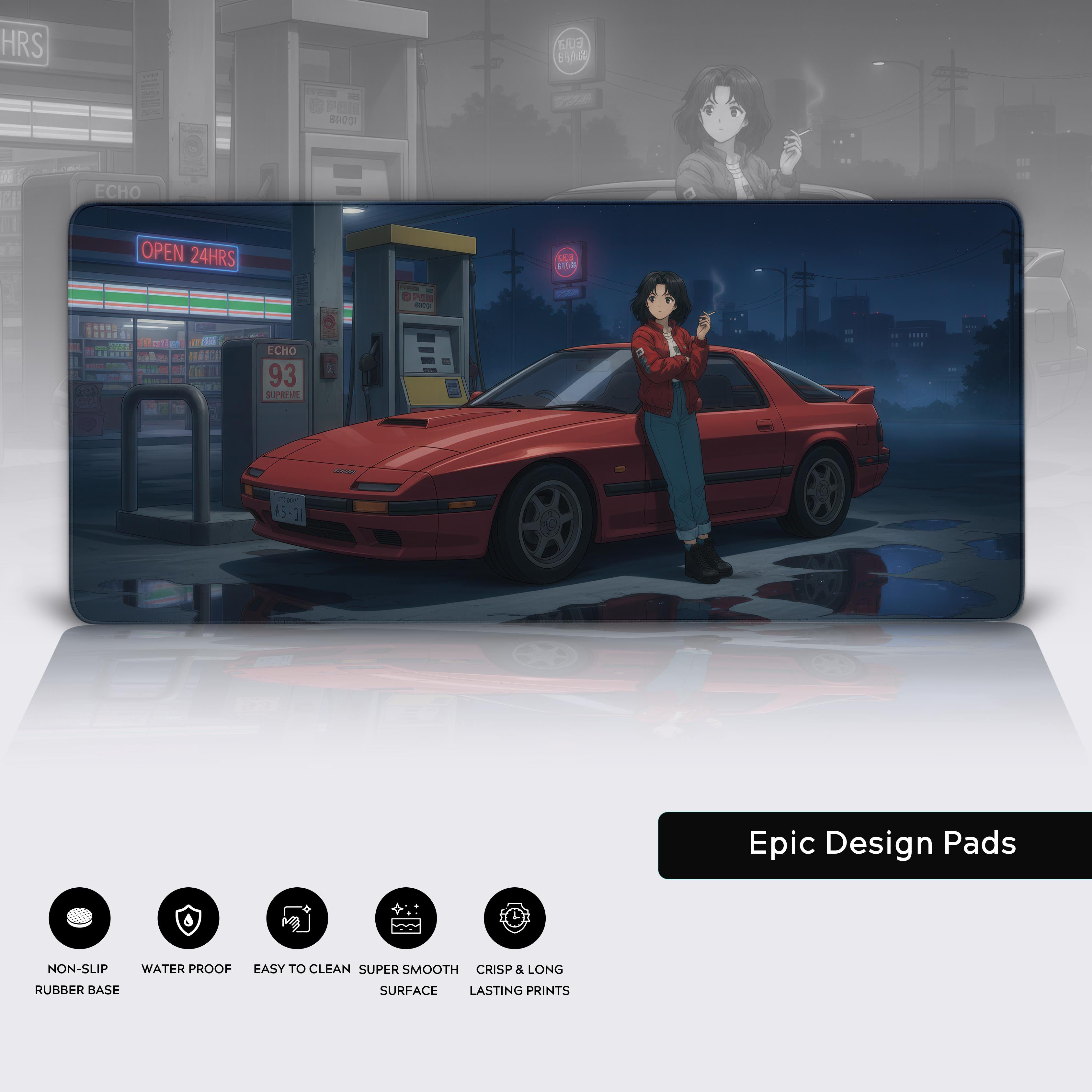 anime-style gaming desk mat featuring a red sports car and female character at night gas station - Epic Design Pads & Mousepads