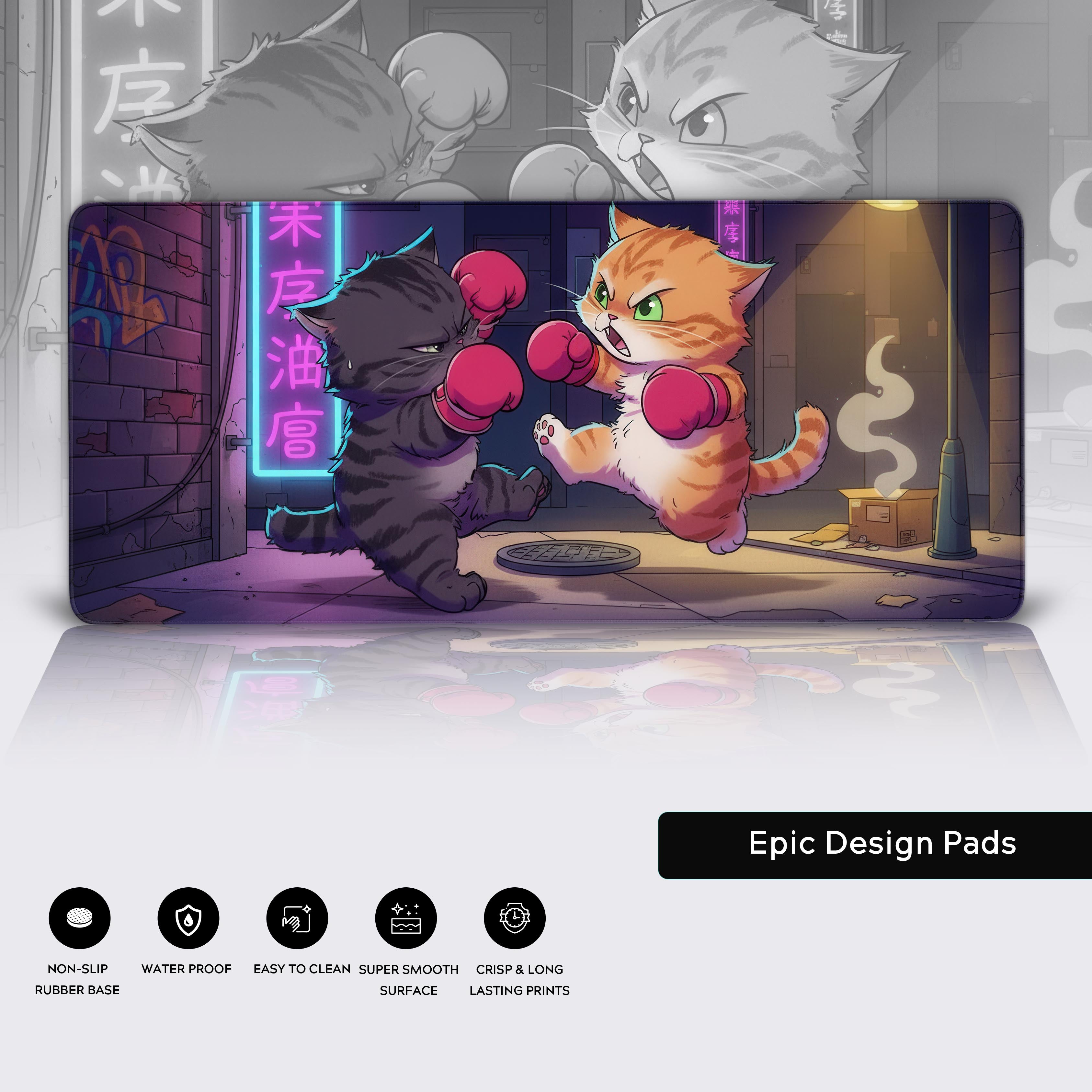 cartoon desk mat featuring two cats in a playful boxing match with neon urban background - Epic Design Pads & Mousepads