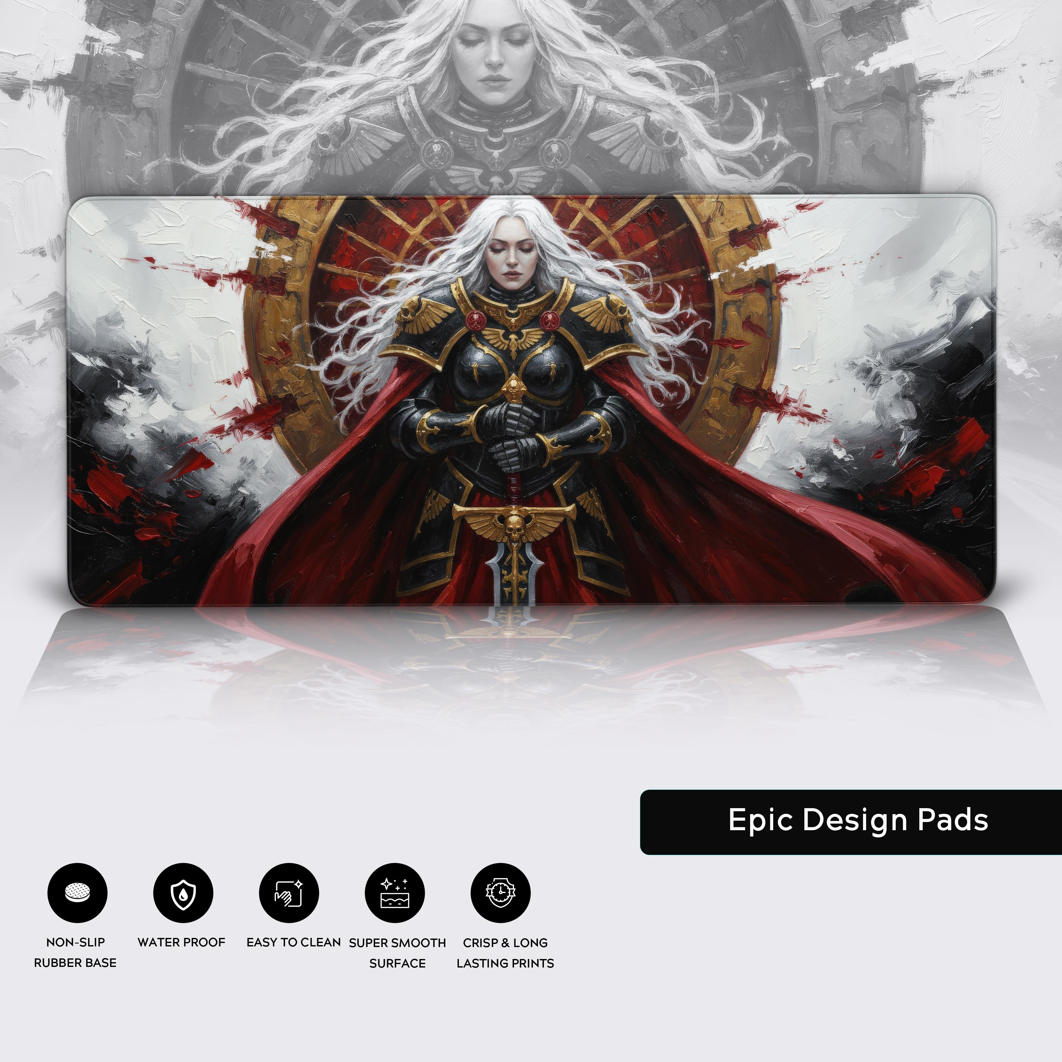 gaming desk mat featuring a gothic female warrior in black and gold armor with red cloak and sword, inspired by Adepta Sororitas from Warhammer 40k - Epic Design Pads & Mousepads