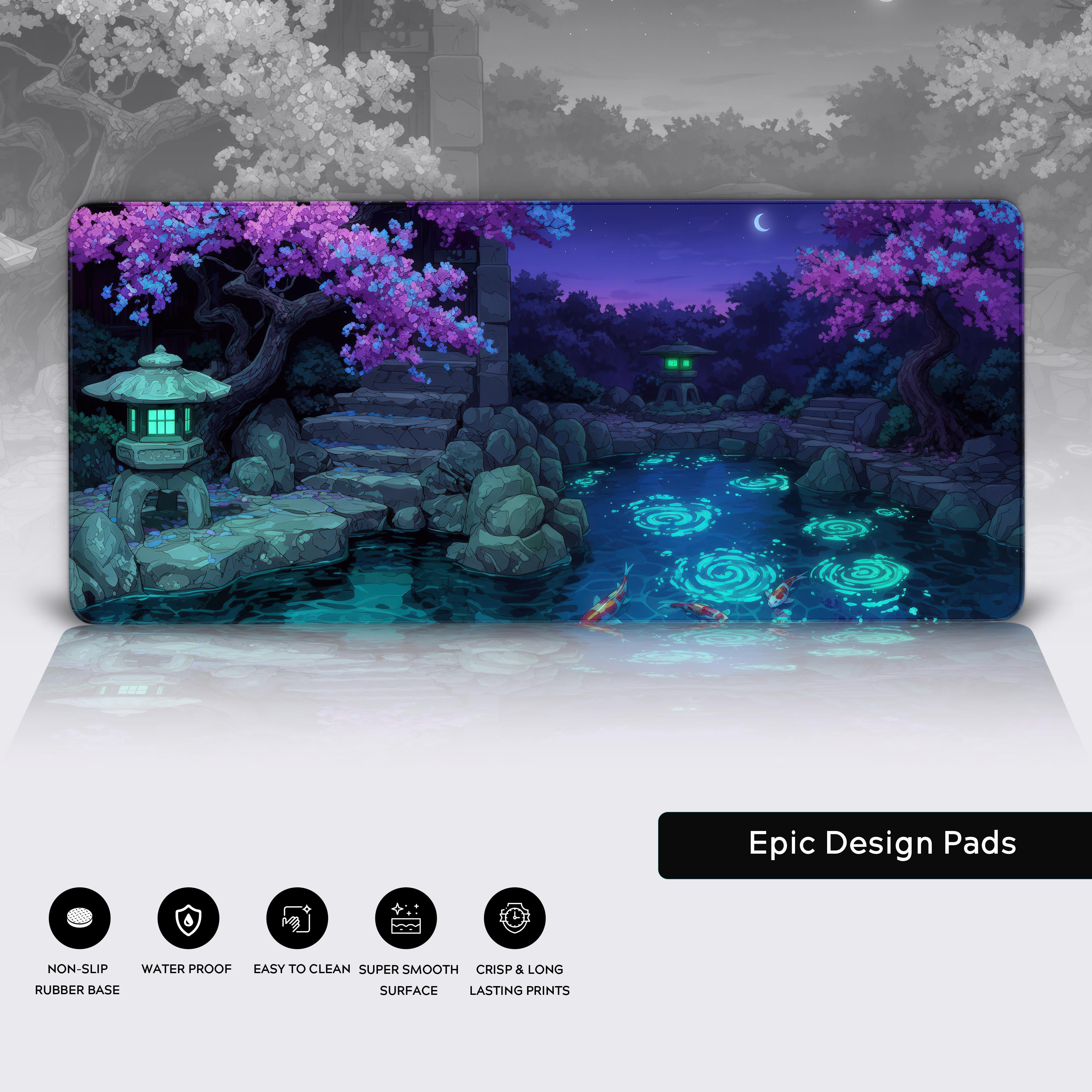 Twilight Sakura gaming desk mat featuring a mystical koi pond, glowing lanterns, and cherry blossom trees under a moonlit sky - Epic Design Pads & Mousepads