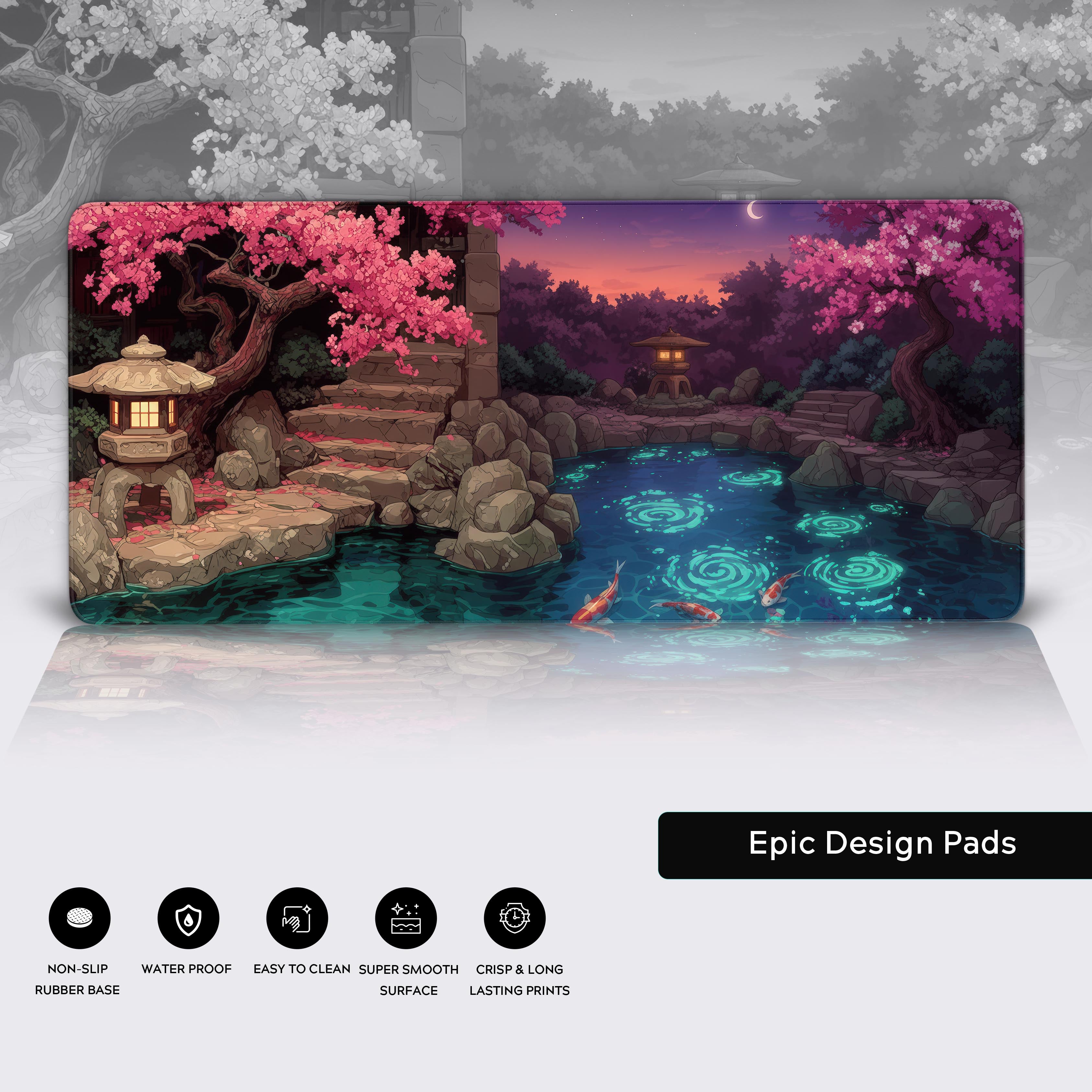 Japanese koi pond gaming desk mat with cherry blossoms, stone lanterns, and glowing twilight scenery - Epic Design Pads & Mousepads