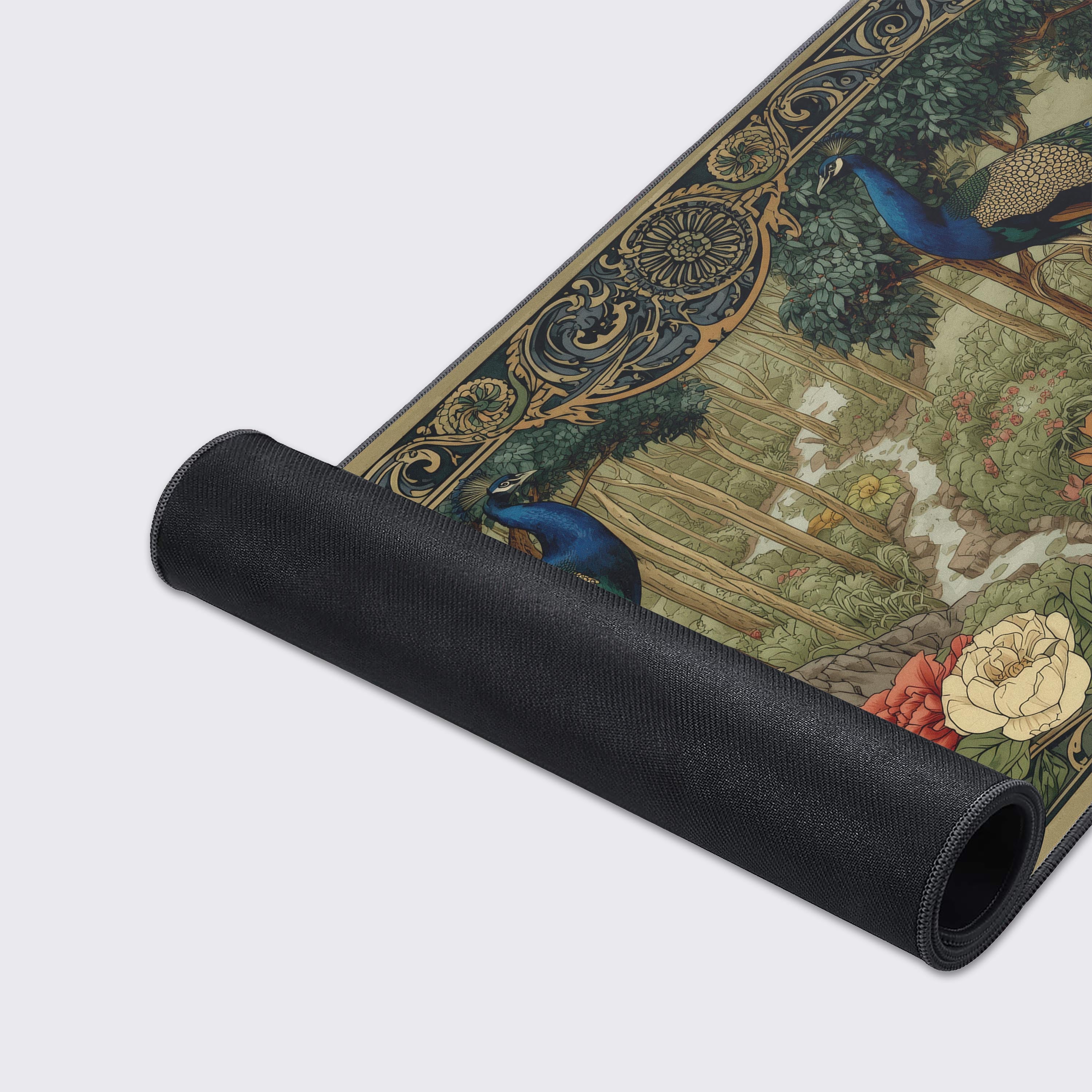 Art Nouveau TCG playmat featuring two vibrant peacocks in an ornate floral garden with detailed William Morris-inspired design - Epic Design Pads & Mousepads
