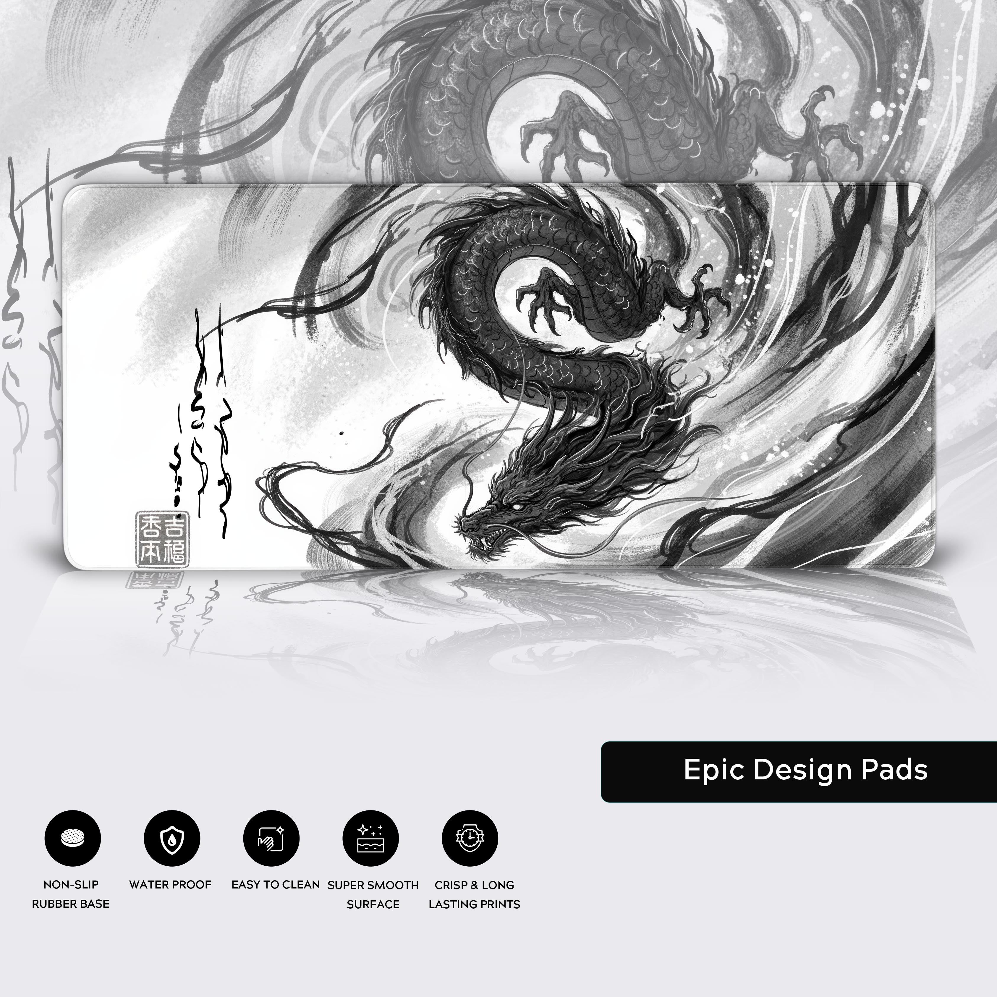 Dragon's Path gaming desk mat featuring a black ink-wash style dragon on white background with calligraphic accents - Epic Design Pads & Mousepads