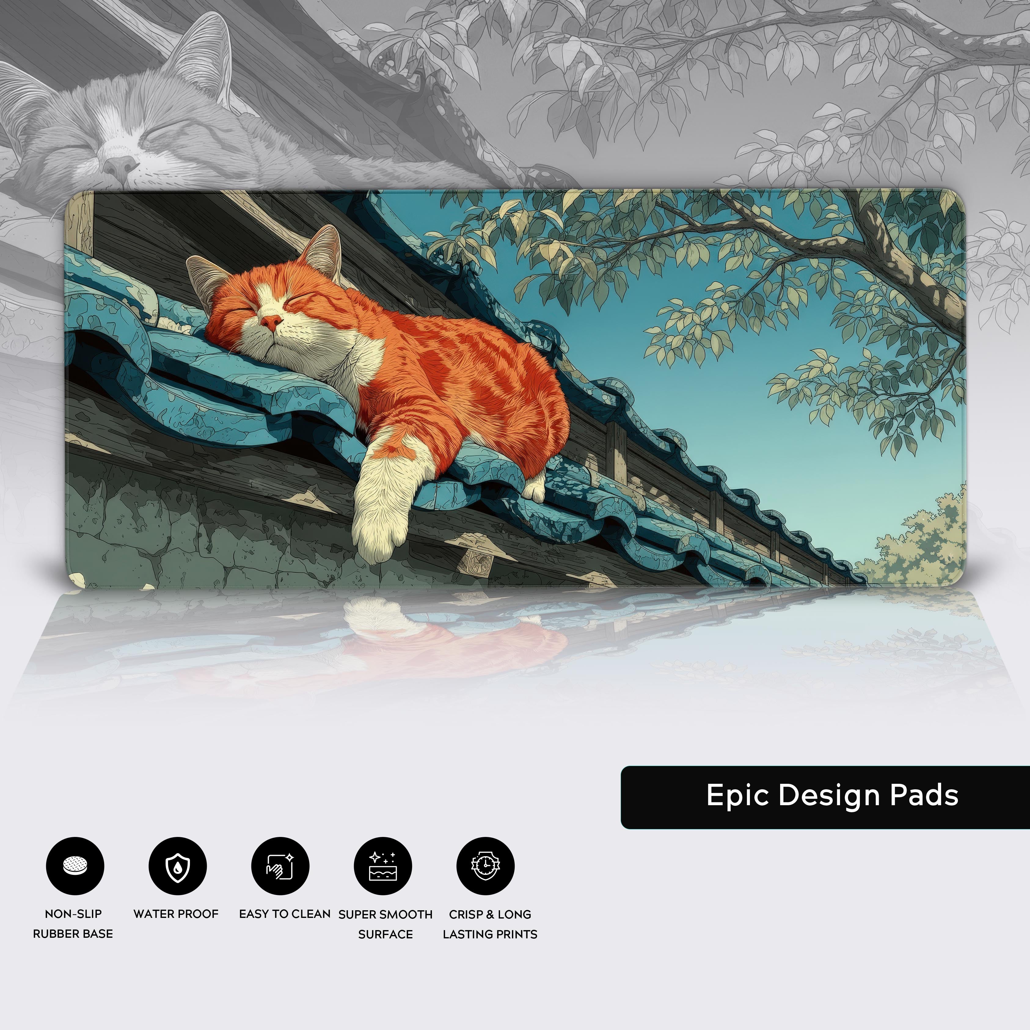 Anime desk mat with sleeping cat artwork – close-up showing the anti-fray stitched edges and smooth cloth surface.