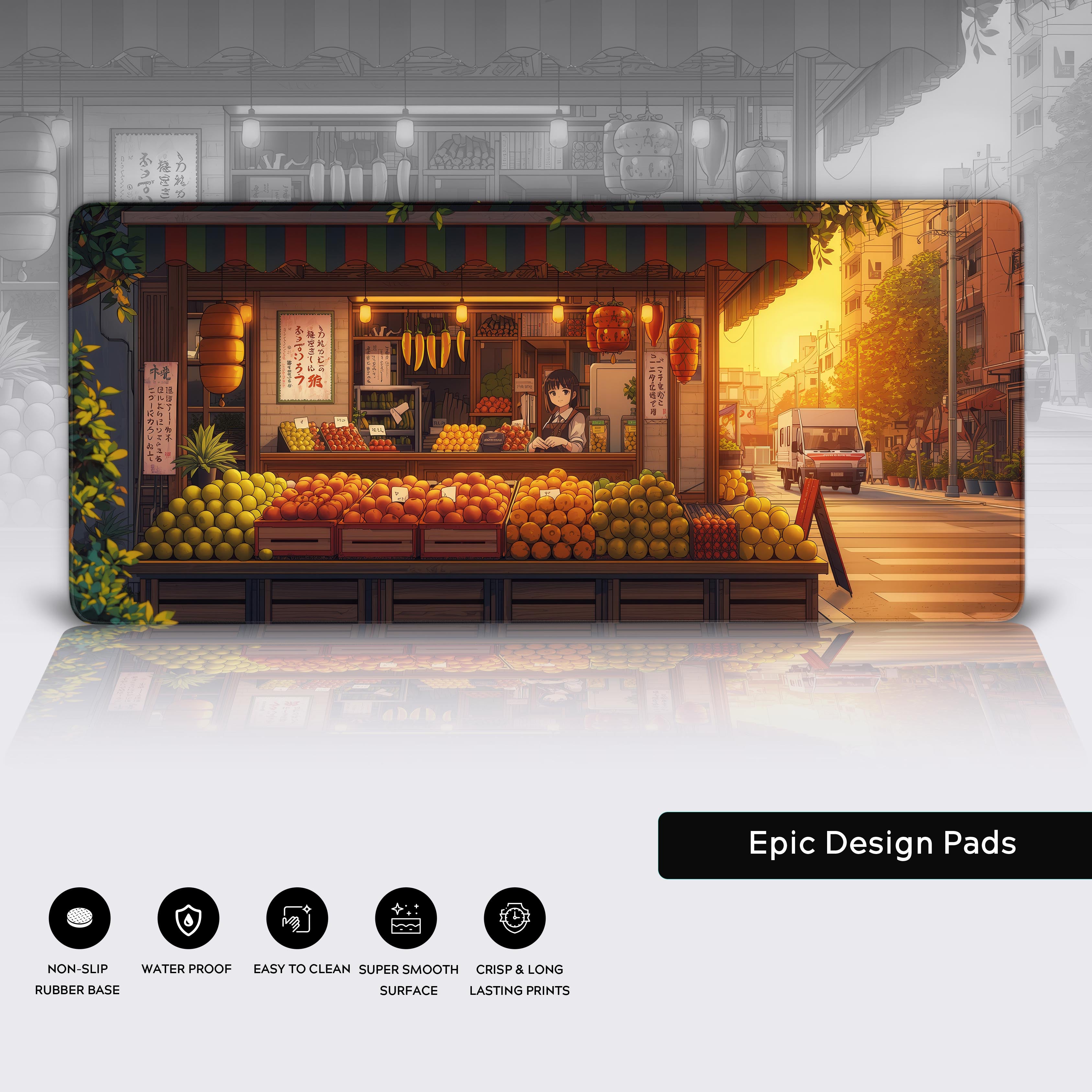 Japanese market gaming mouse pad with Fruit Stand design – close-up showing the detailed art, stitched edges, and non-slip rubber base.