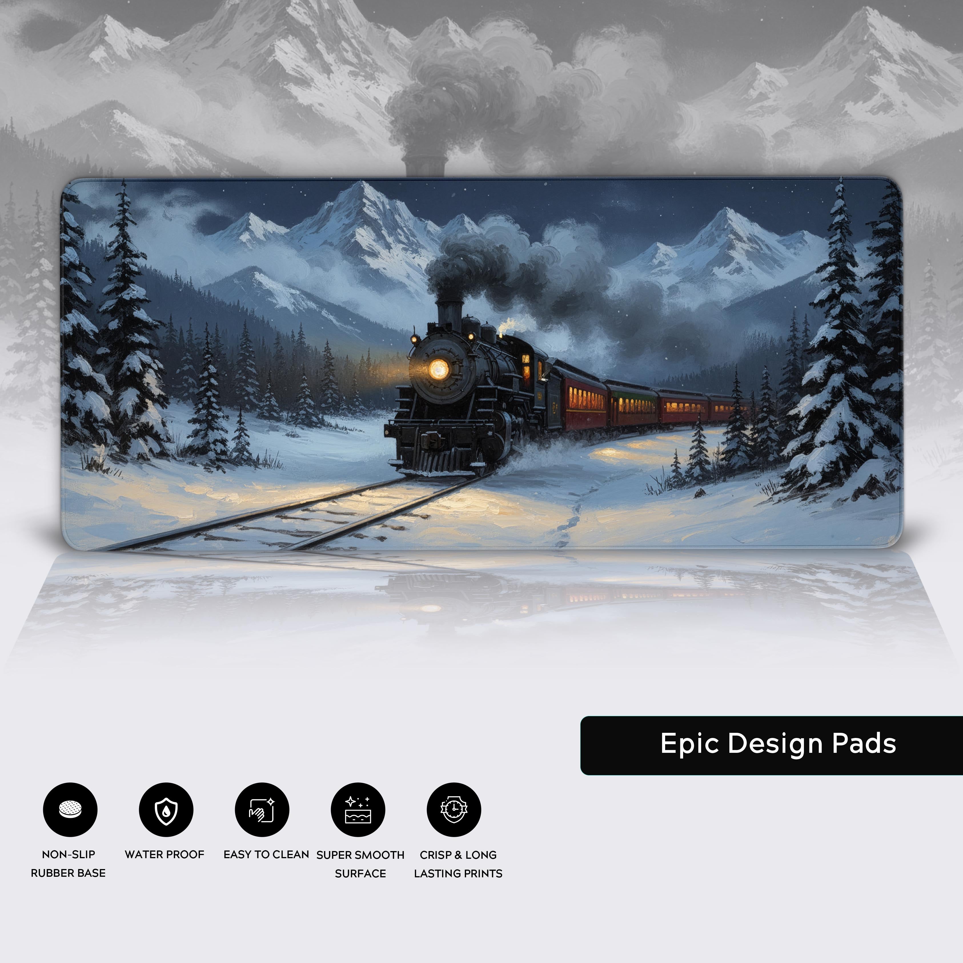 Solstice Express large mouse pad with snowy landscape – close-up showing the stitched edges and non-slip rubber base. - Epic Design Pads & Mousepads