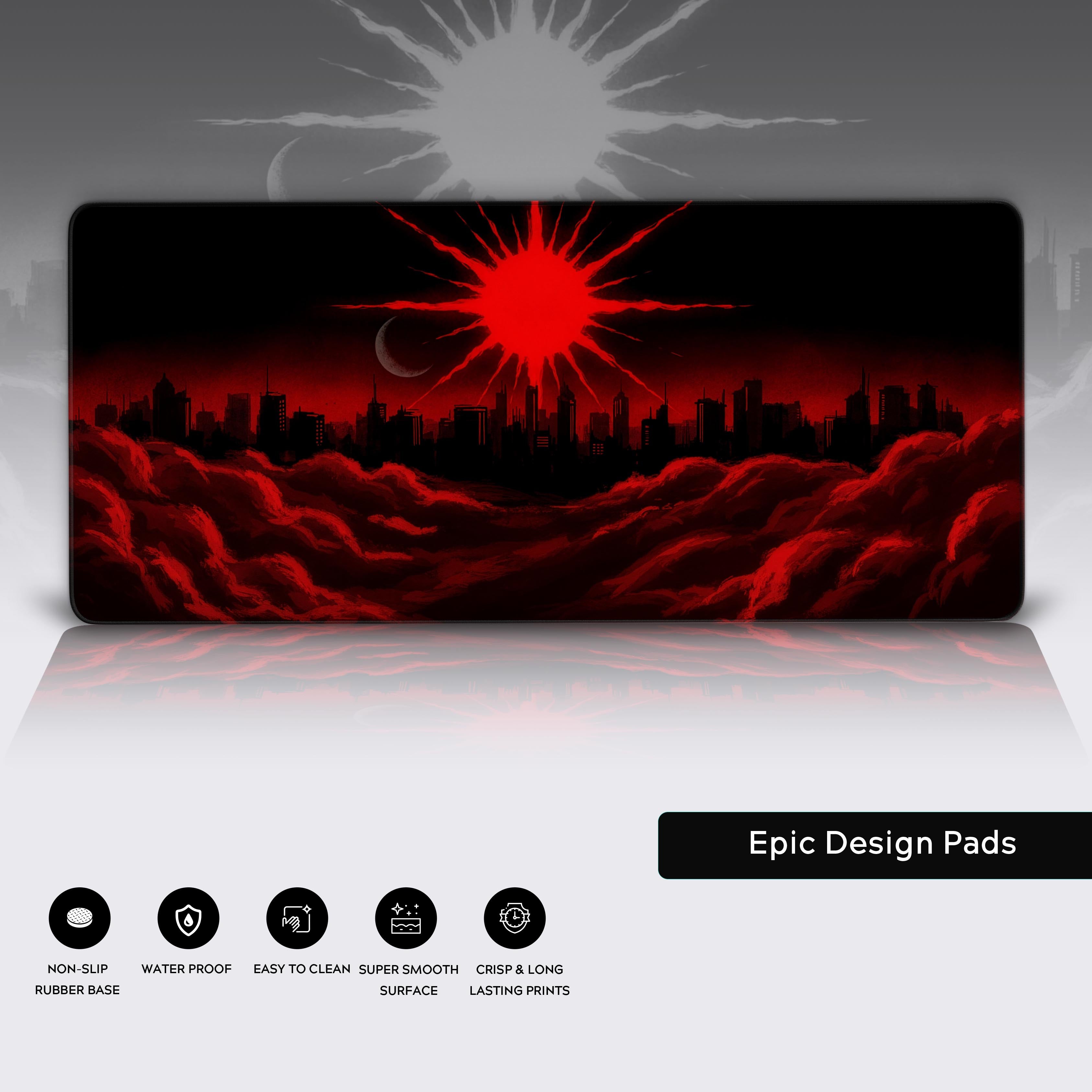 Close-up of The Dying Light desk mat showcasing its high-quality stitched edges, smooth water-resistant fabric surface, and non-slip rubber base. - Epic Design Pads & Mousepads