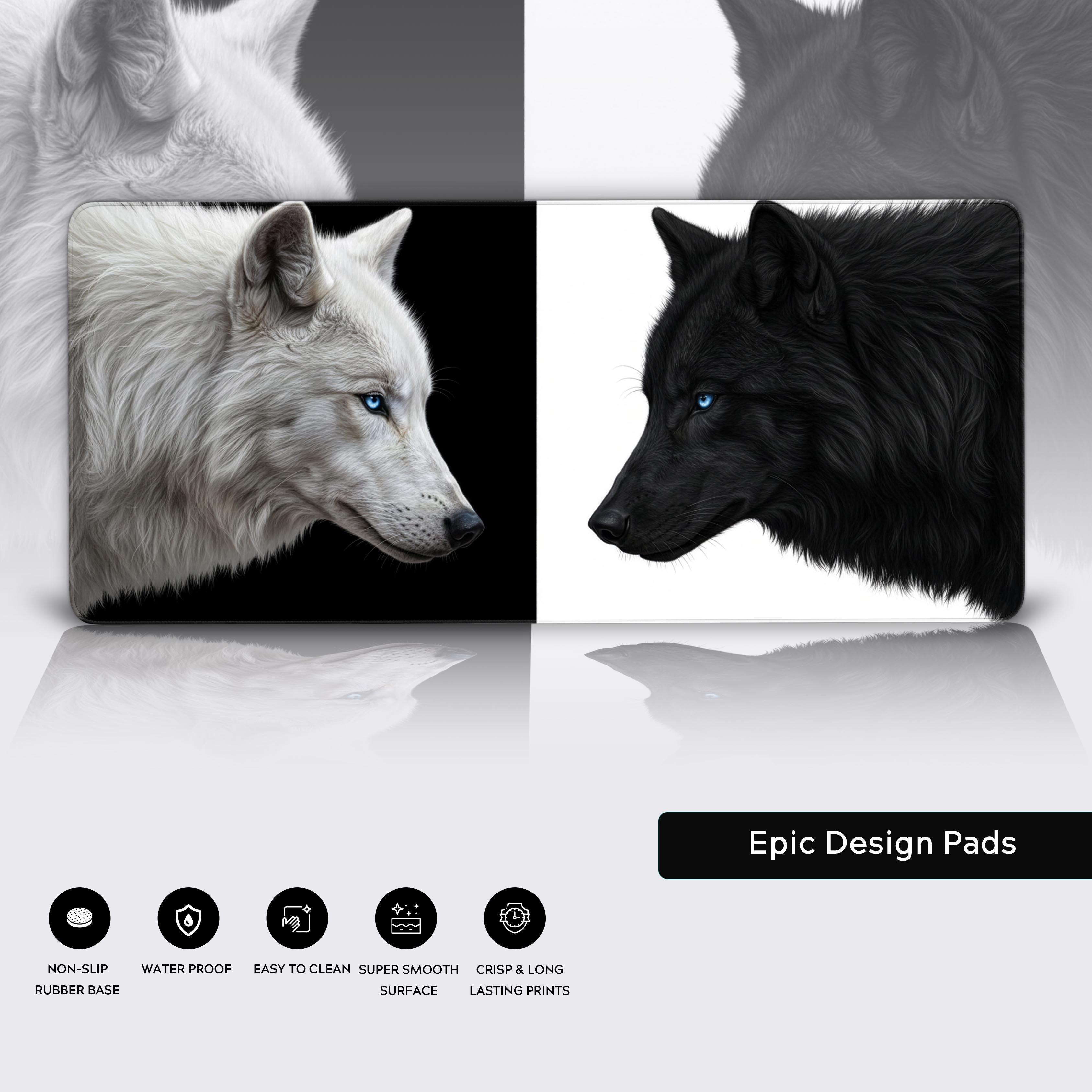 Close-up of the Spirit's Balance wolf desk mat showing its premium stitched edges, smooth water-resistant surface, and non-slip rubber base for stability. - Epic Design Pads & Mousepads