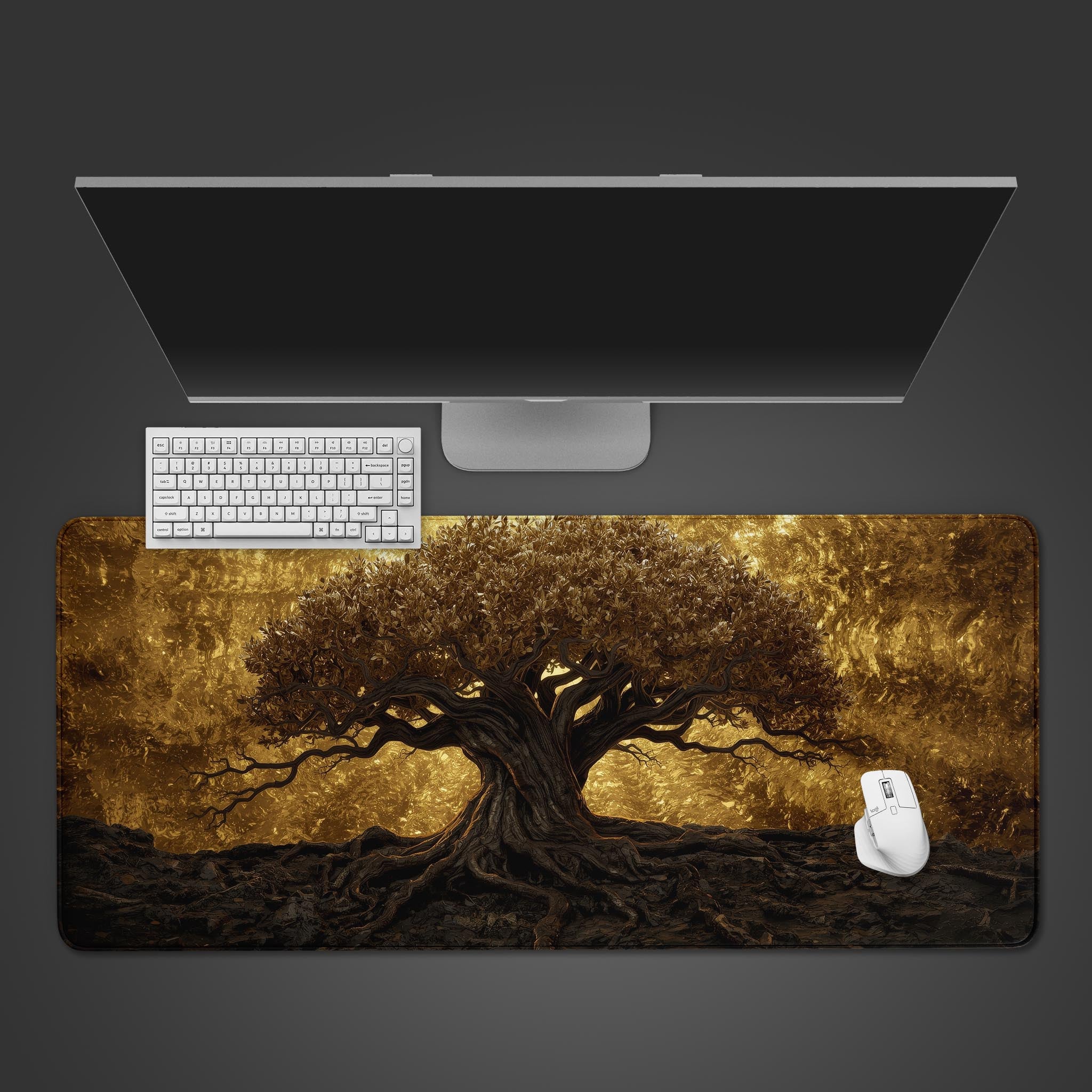 Sacred Grove desk mat with golden Tree of Life design, shown in a desktop view with a minimalist keyboard and mouse. - Epic Design Pads & Mousepads