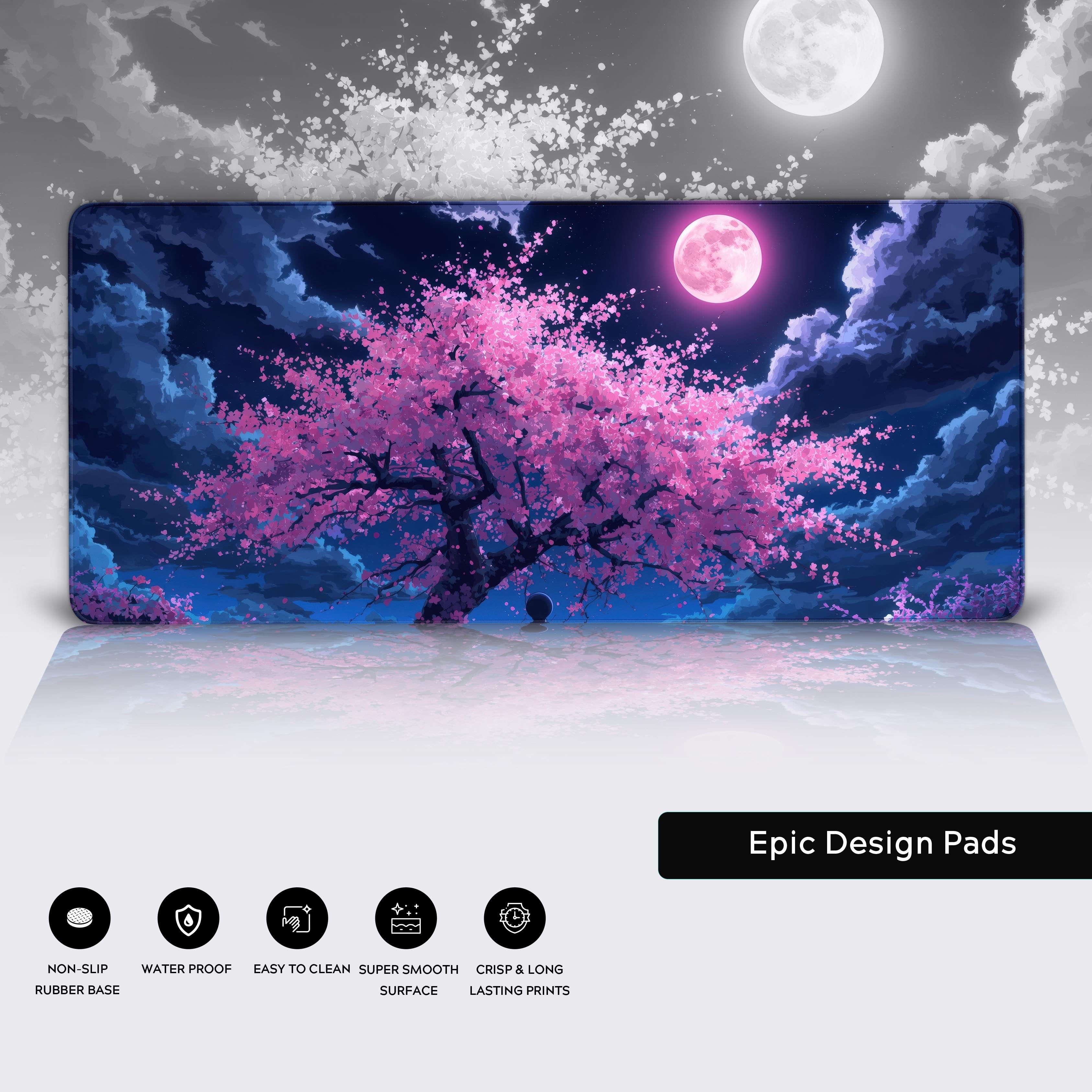 Lunar Blossom desk mat showcasing its smooth surface, stitched edges, and non-slip rubber base for precise mouse control. - Epic Design Pads & Mousepads