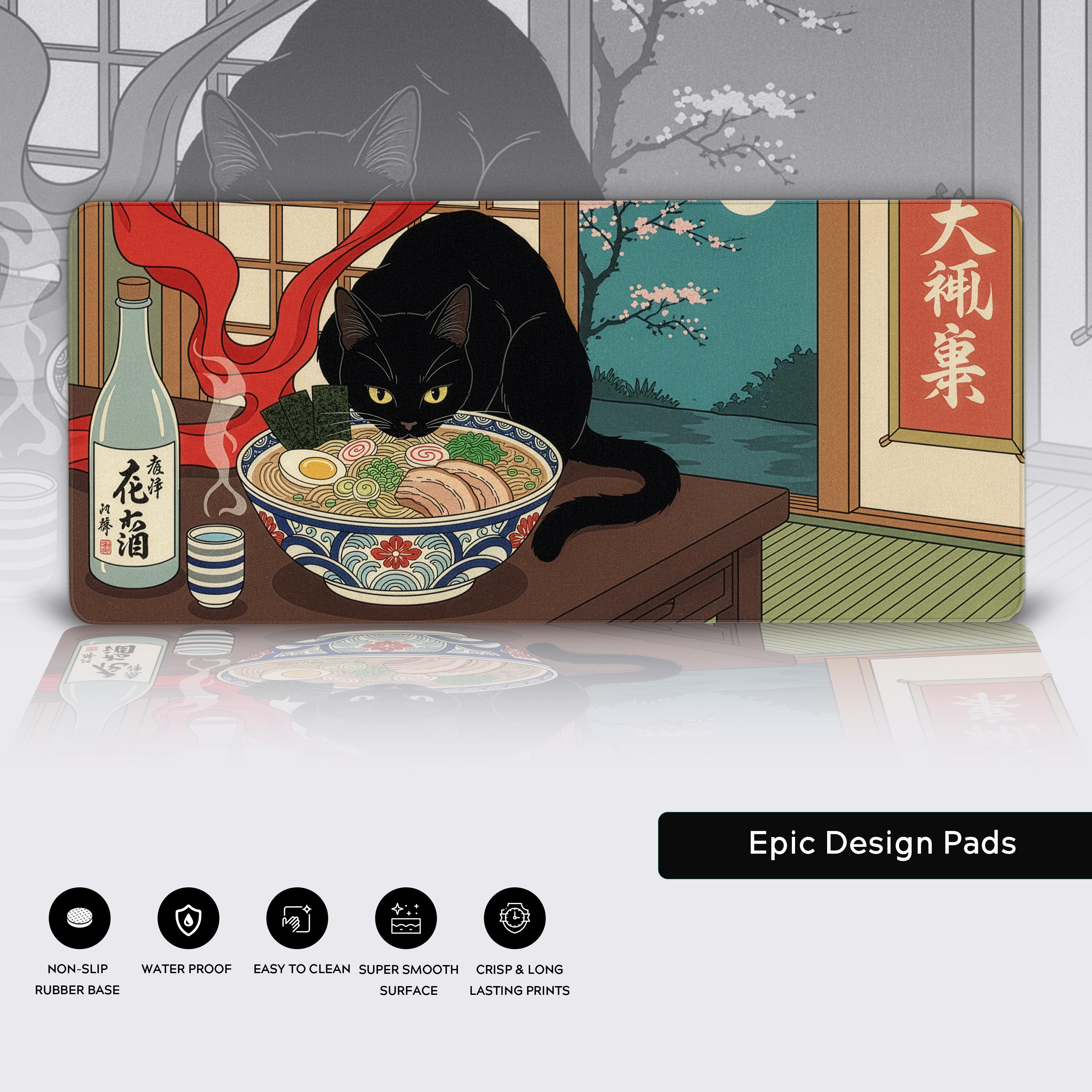 Close-up of the 'Midnight Feast' Ukiyo-e desk mat. Showcasing the durable stitched edges, smooth water-resistant surface, and non-slip rubber base for precision control. - Epic Design Pads & Mousepads