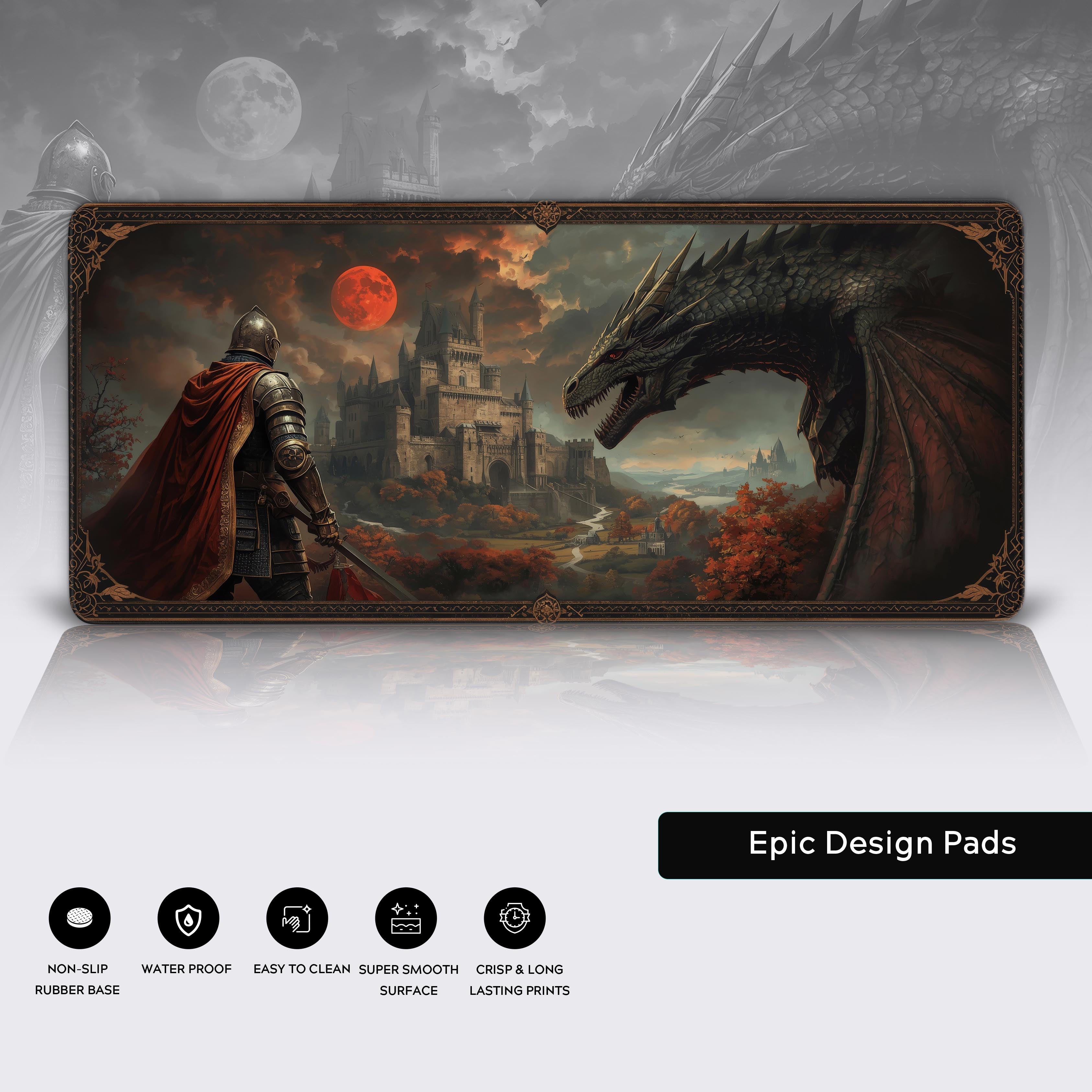 Close-up of the Guardian's Stand fantasy desk mat, showcasing the durable stitched edges and smooth, water-resistant surface with dragon art. - Epic Design Pads & Mousepads