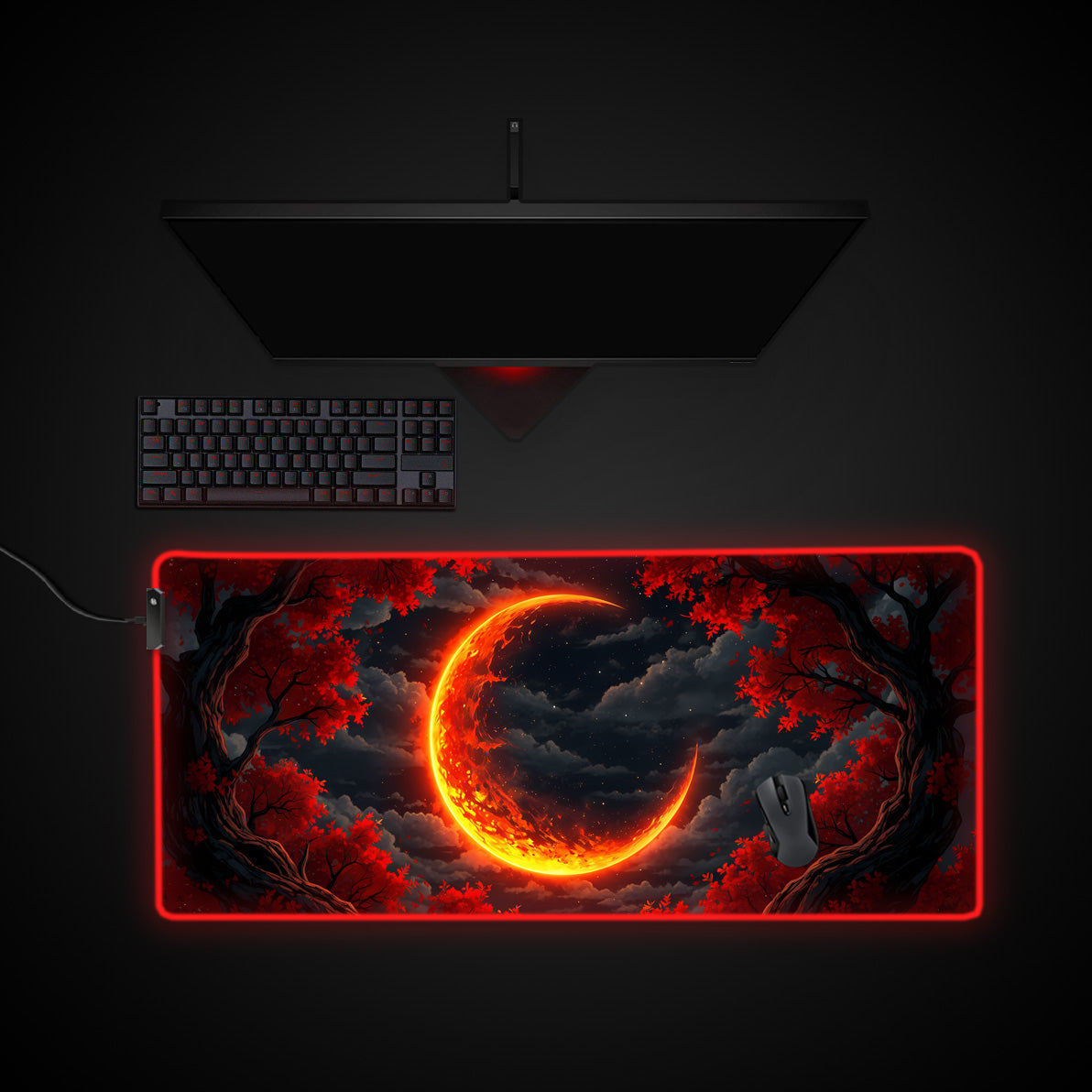 Crimson Crescent desk mat with RGB edge lighting