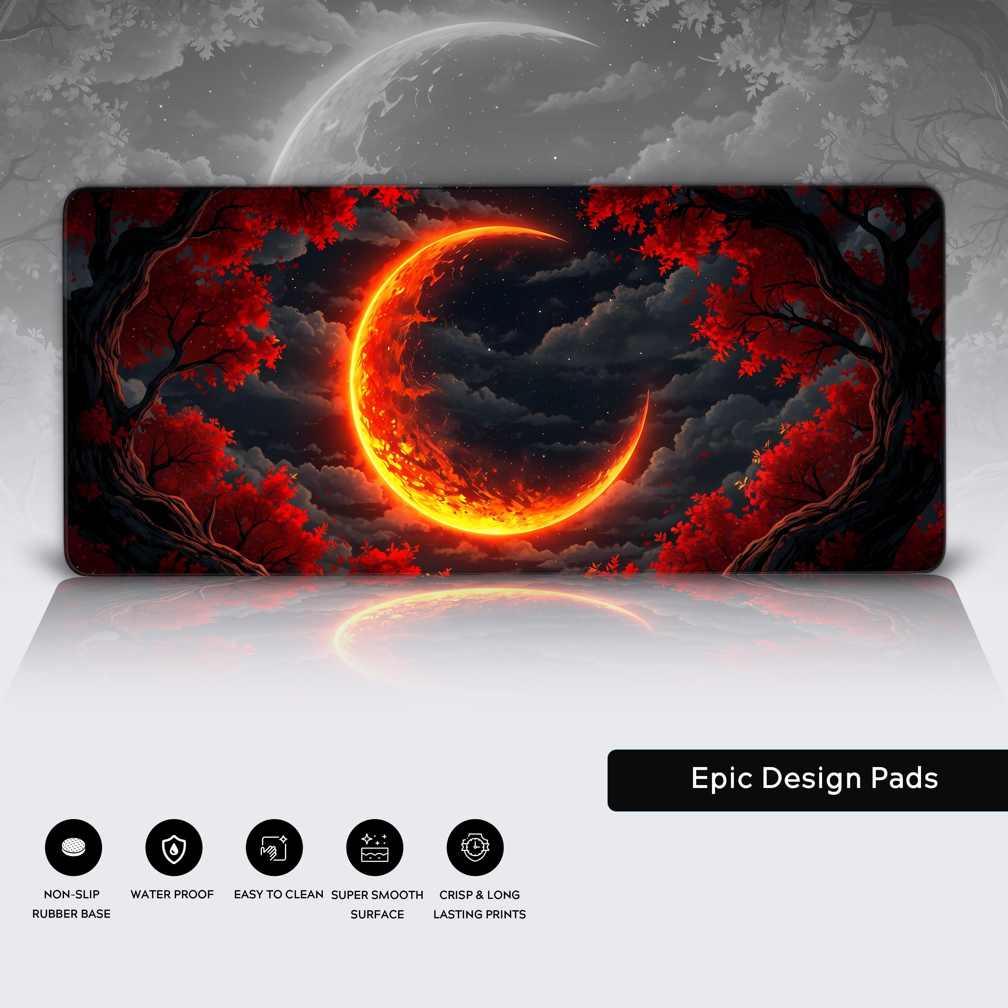 Close-up of the Molten Heart lava desk mat showing the detailed fiery art, durable stitched edges, and non-slip rubber base. - Epic Design Pads & Mousepads