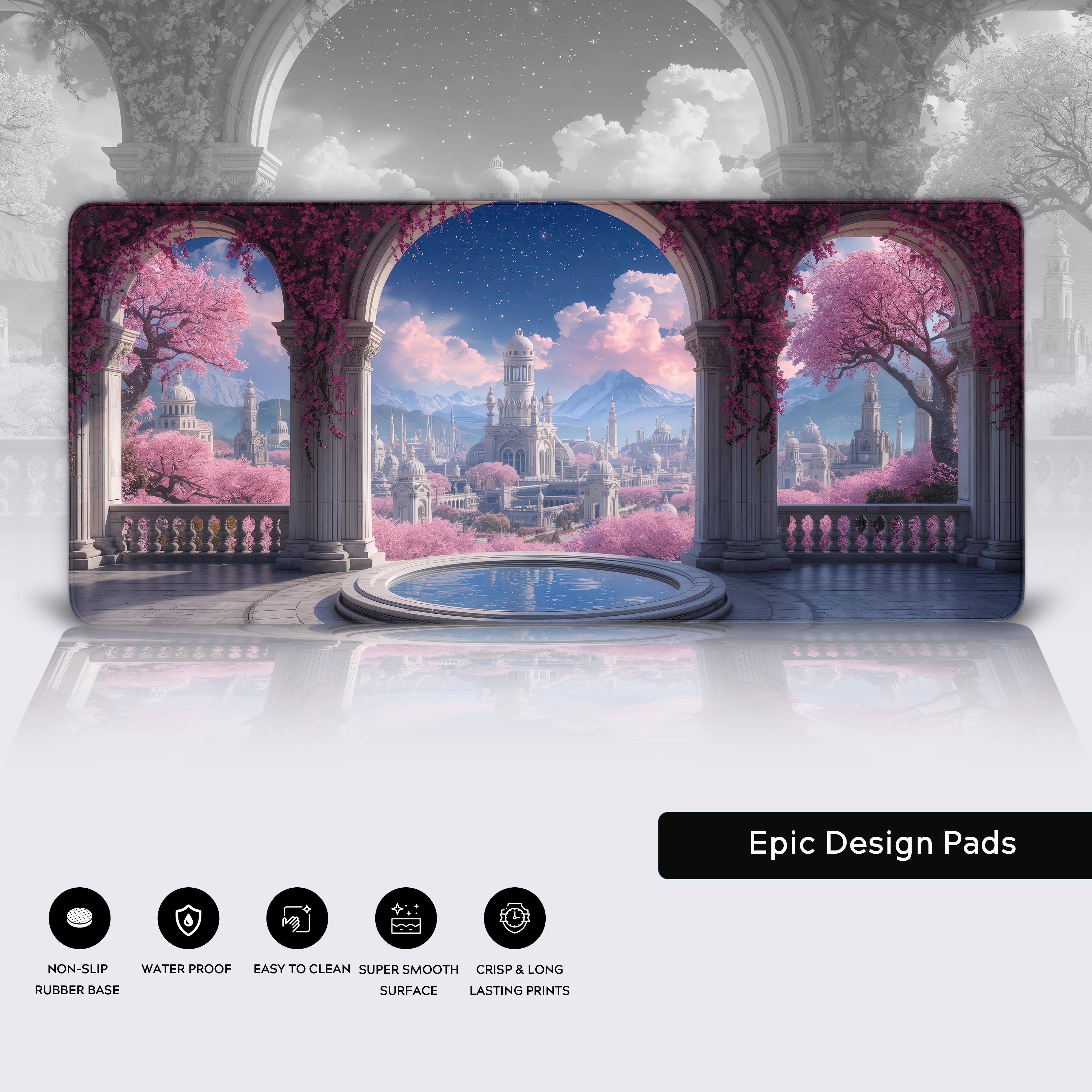 Close-up of the Molten Heart lava desk mat showing the detailed fiery art, durable stitched edges, and non-slip rubber base. - Epic Design Pads & Mousepads