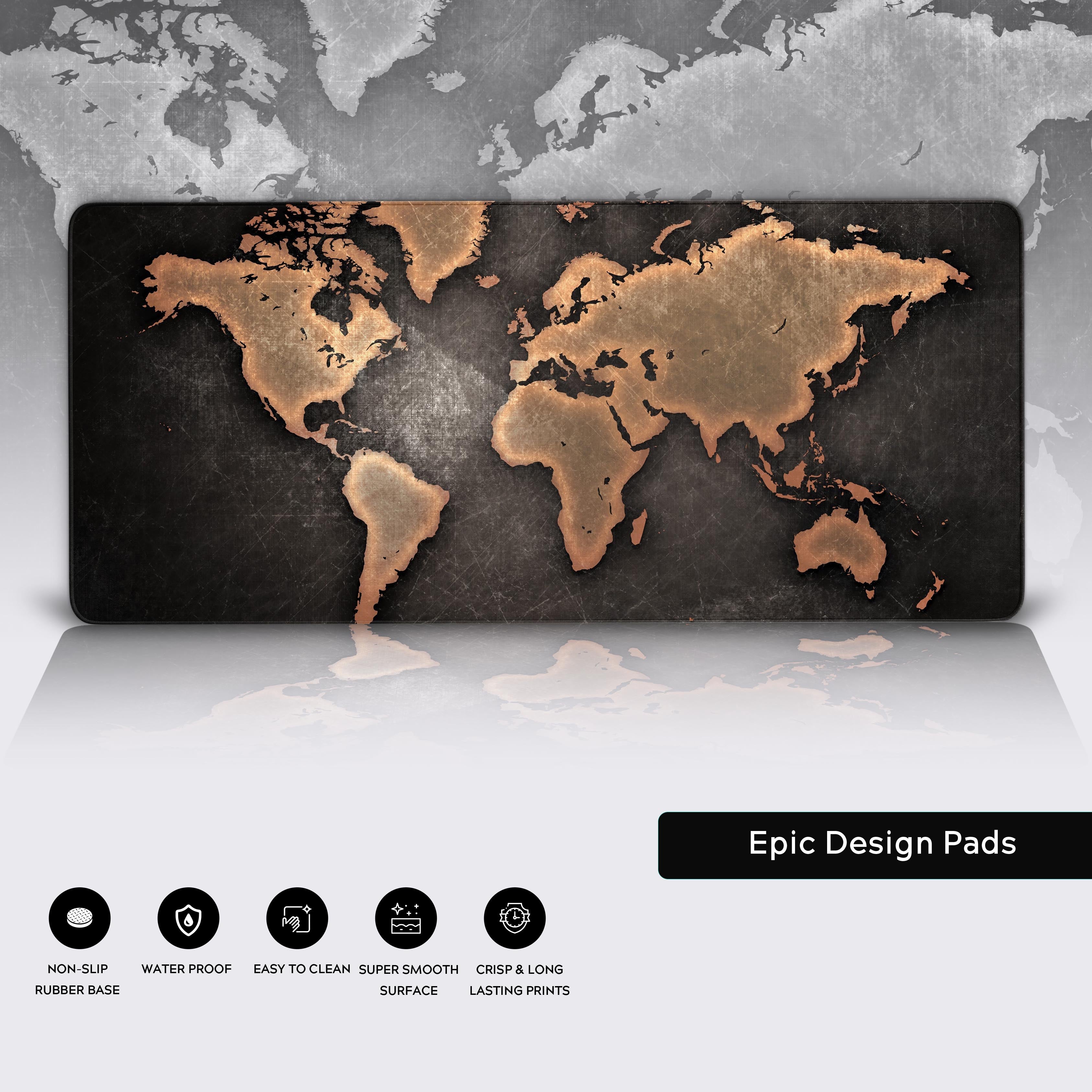 A close-up of the War's End gaming desk mat, displaying its high-quality stitched edges, water-resistant surface, and non-slip rubber base. - Epic Design Pads & Mousepads