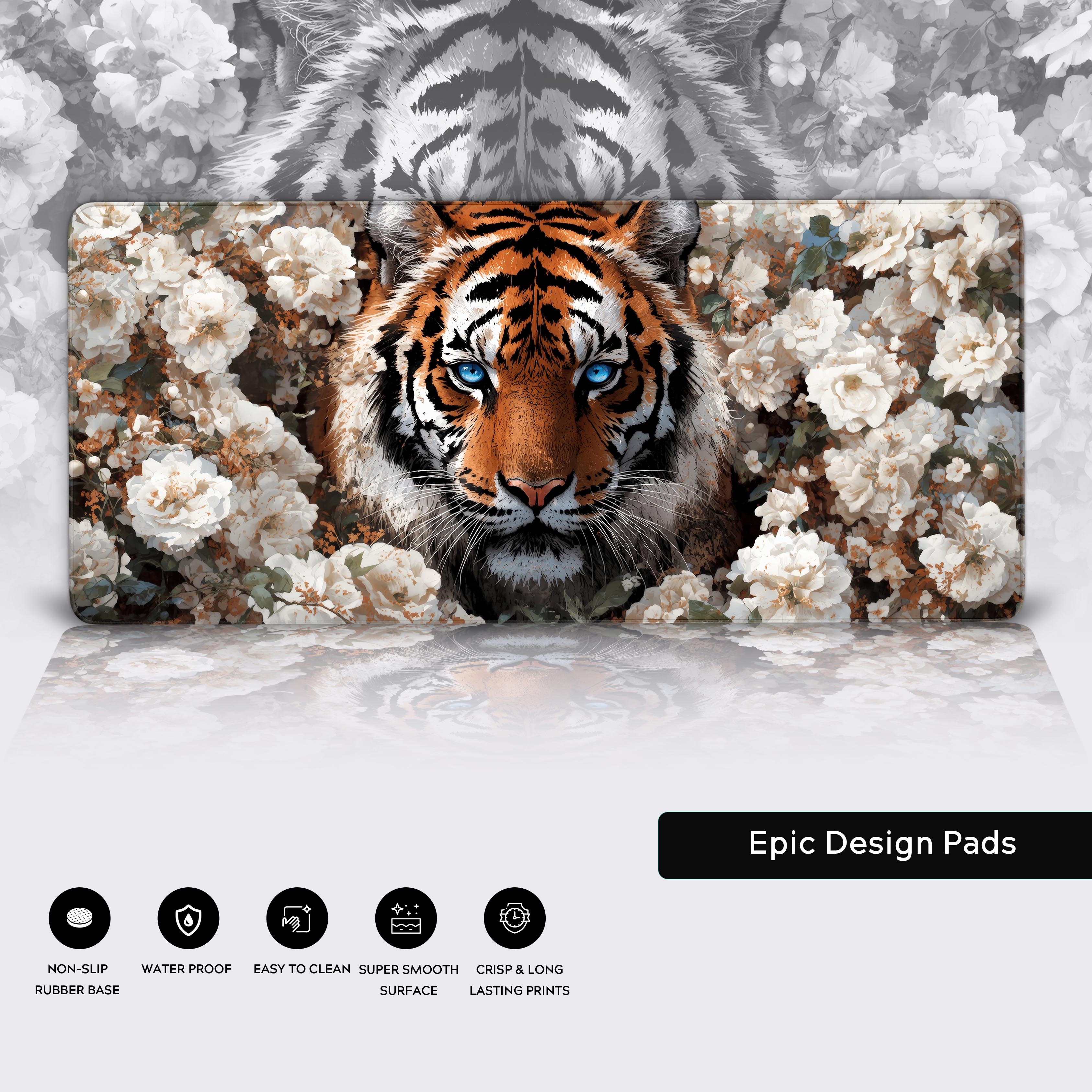 A close-up of the War's End gaming desk mat, displaying its high-quality stitched edges, water-resistant surface, and non-slip rubber base. - Epic Design Pads & Mousepads