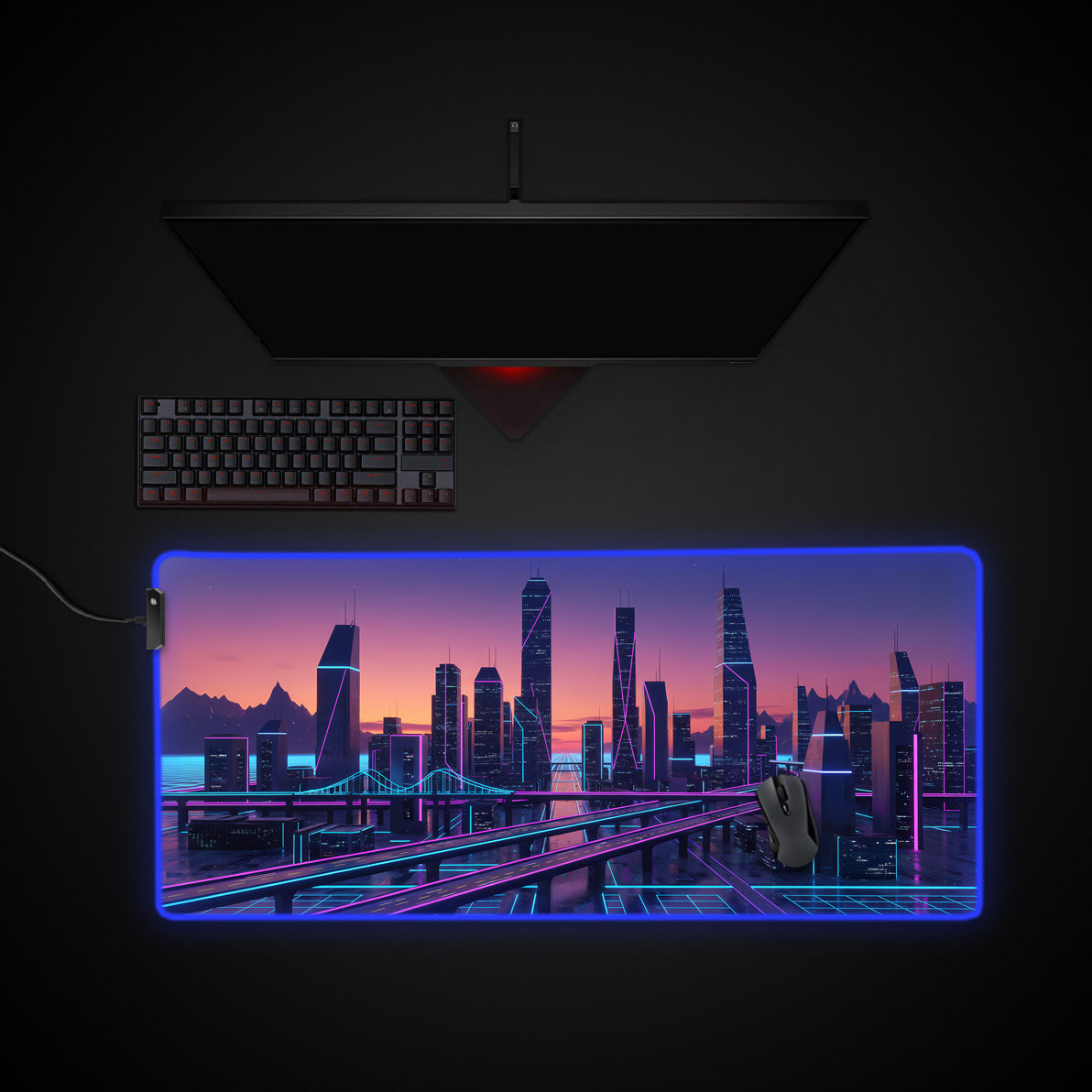 Synthwave Skyline desk mat with RGB edge lighting