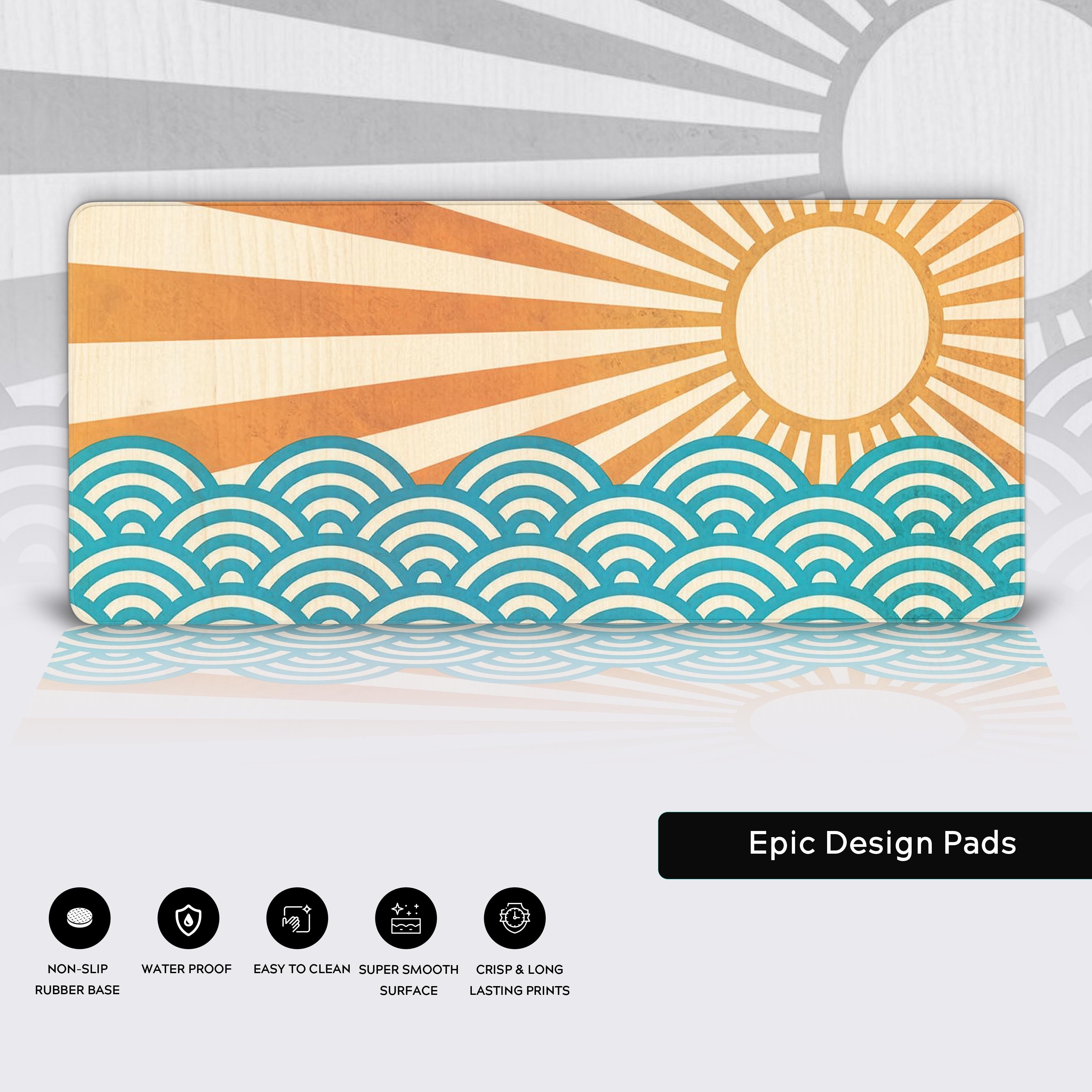 Ukiyo-e Rising Sun Japanese desk mat showcasing its quality stitched edges, water-resistant surface, and non-slip rubber base. - Epic Design Pads & Mousepads