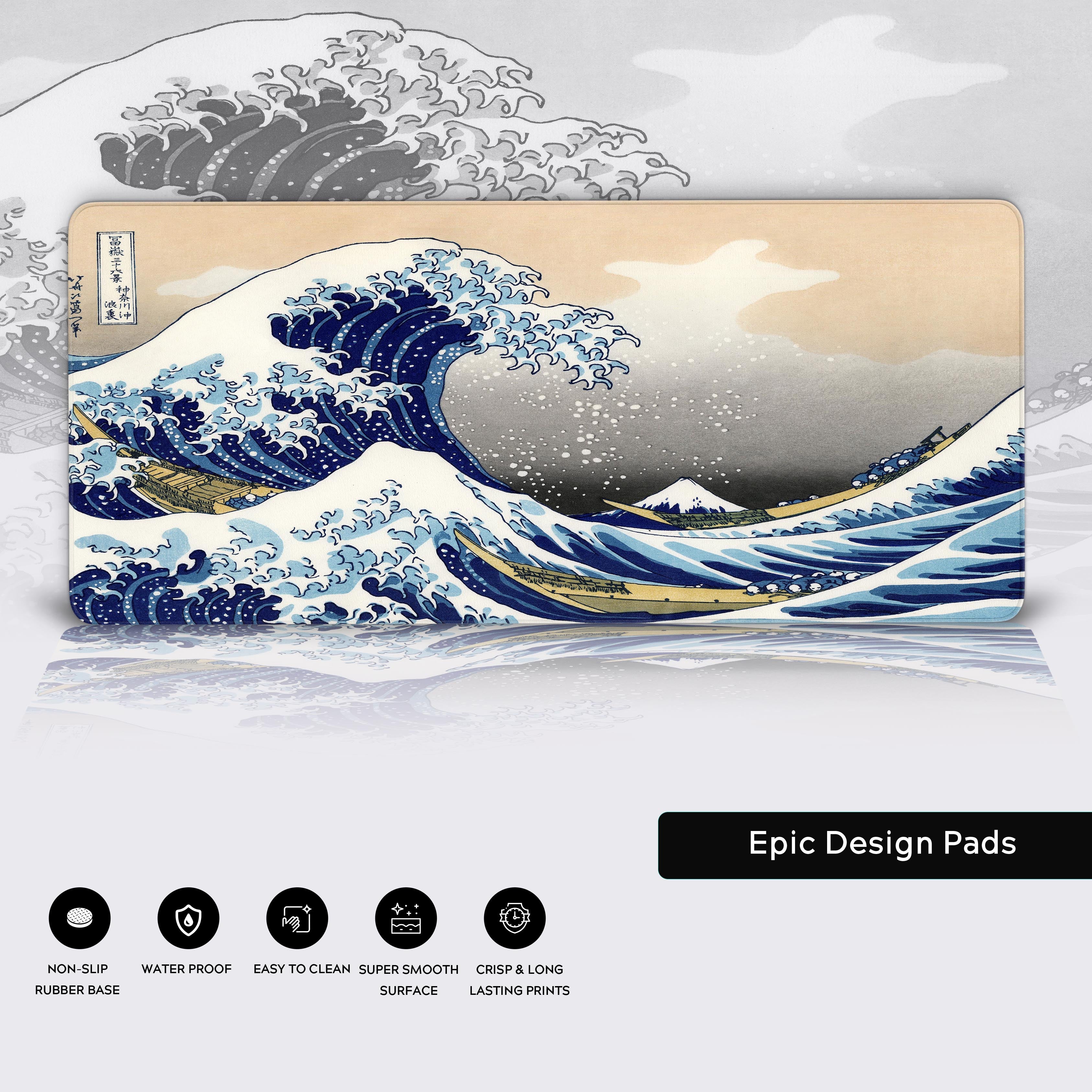 Close-up of The Great Wave desk mat showing product details. The Hokusai art mouse pad features high-quality stitched edges and a non-slip rubber base.