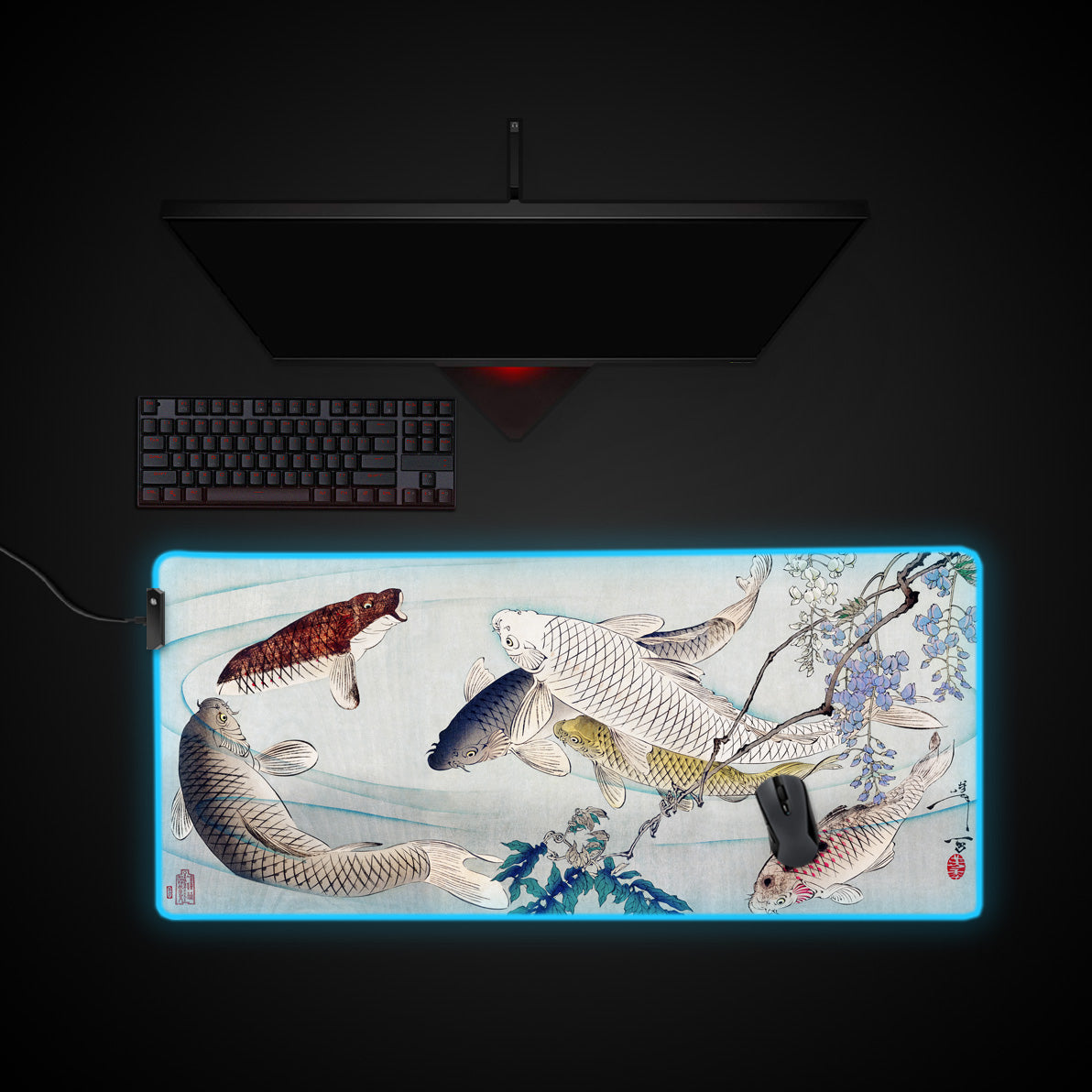 Carp with Wisteria, by Yoshitoshi desk mat with RGB edge lighting