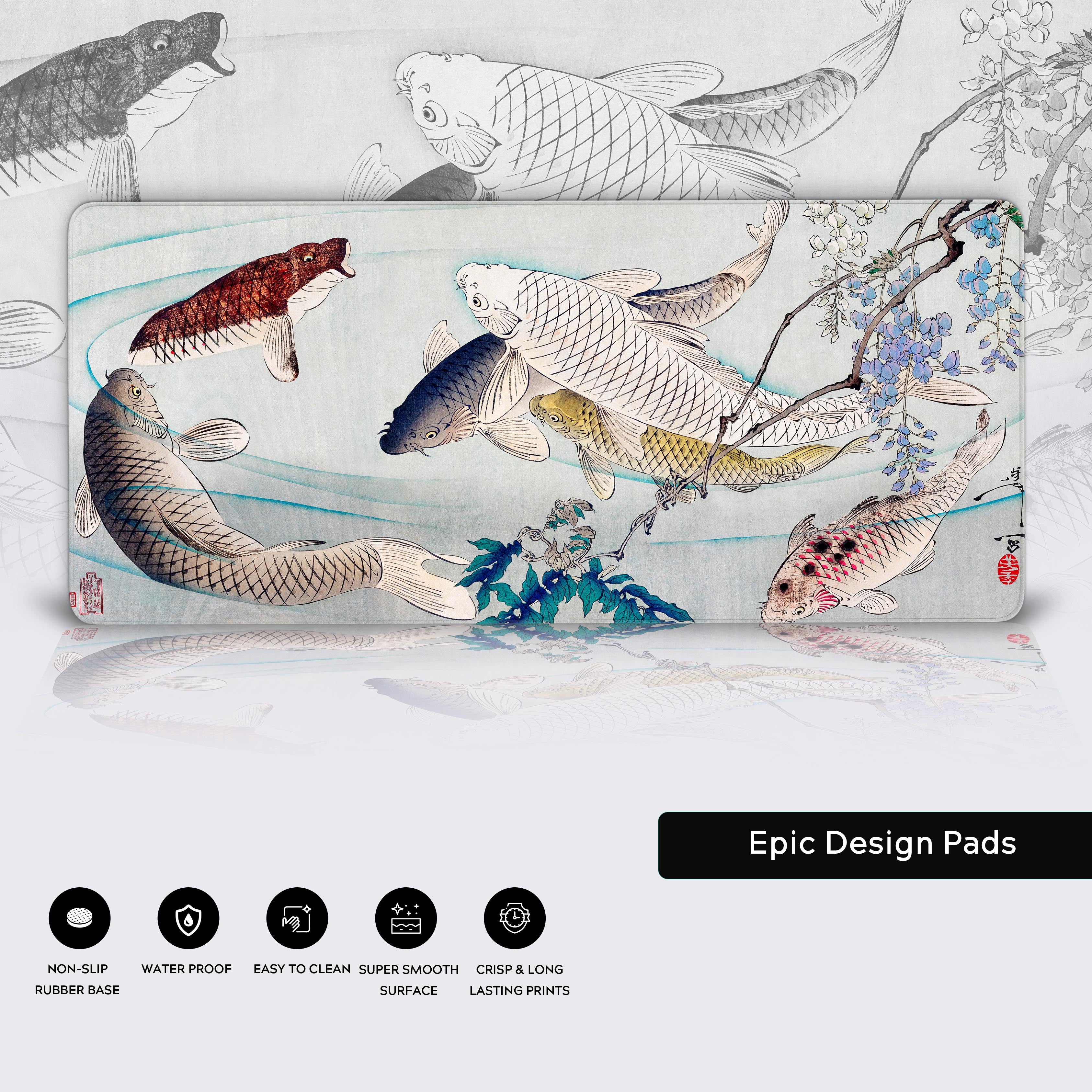 Close-up of the Ukiyo-e Japanese desk mat, showcasing the detailed carp artwork, durable stitched edges, and the non-slip rubber base for precision mouse control. - Epic Design Pads & Mousepads