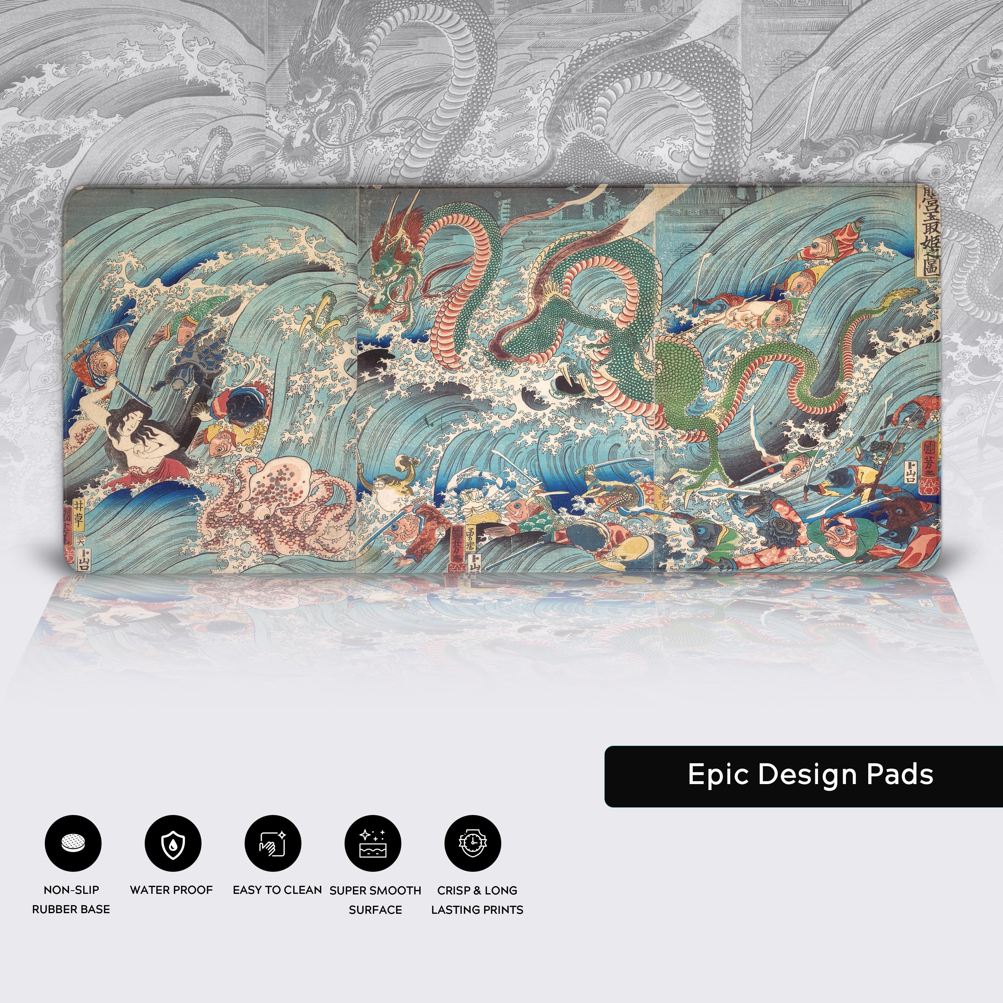 Close-up of the Japanese art desk mat featuring Kuniyoshi's design, highlighting the quality stitched edges, non-slip rubber base, and smooth fabric surface. - Epic Design Pads & Mousepads