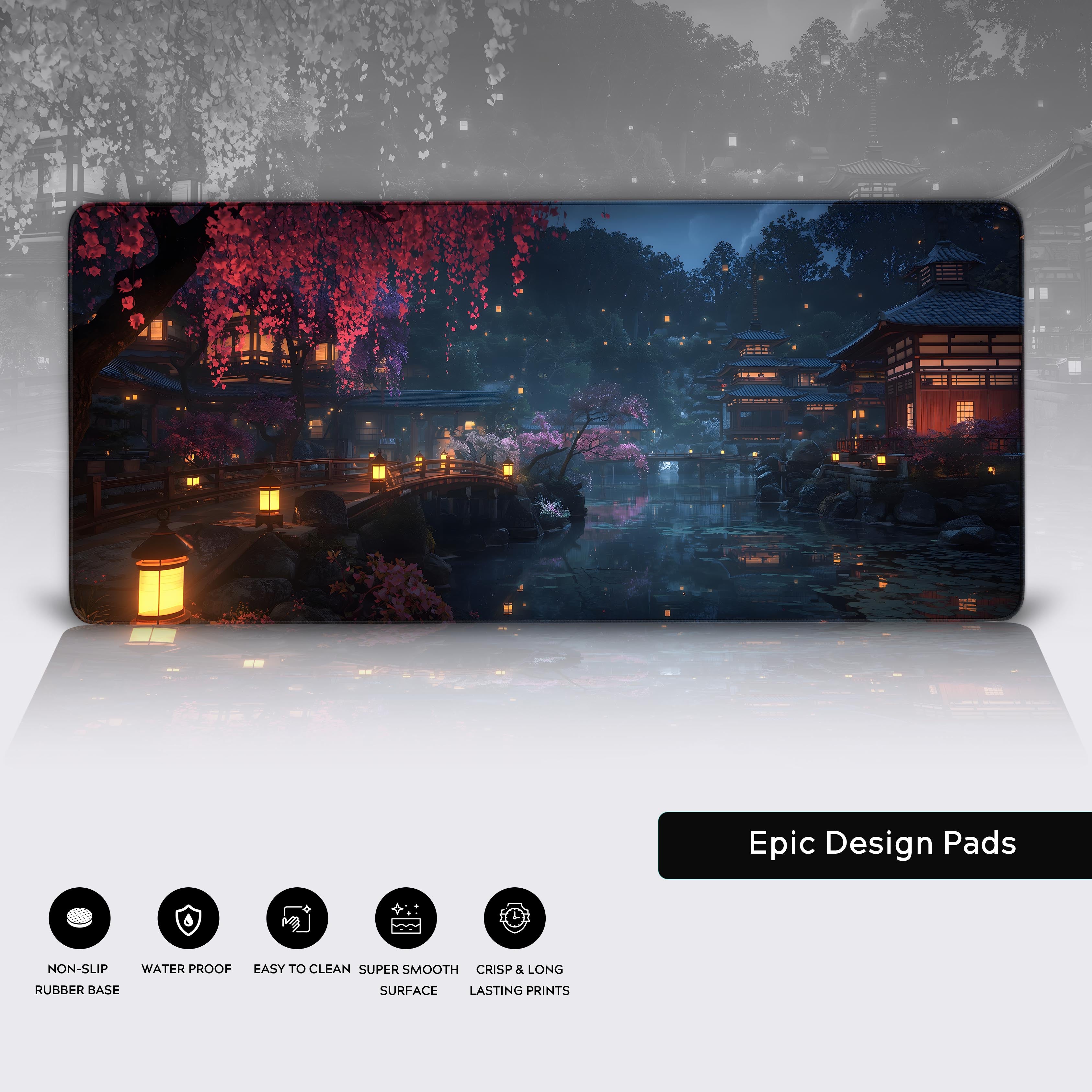 Japanese desk mat with Serene Village night design – close-up showing the smooth surface, stitched edges, and non-slip base. - Epic Design Pads & Mousepads