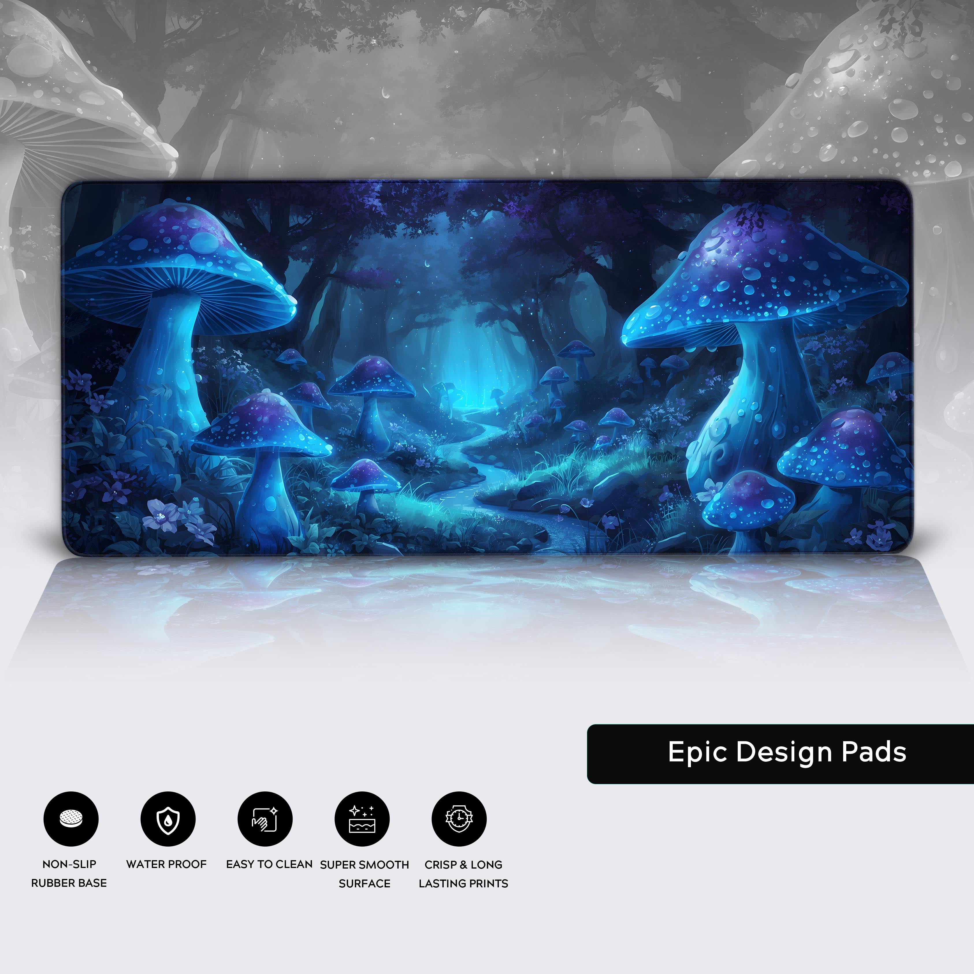 Close-up of the Magic Grove gaming desk mat, showcasing the detailed enchanted forest artwork, durable stitched edges, and smooth, non-slip base. - Epic Design Pads & Mousepads