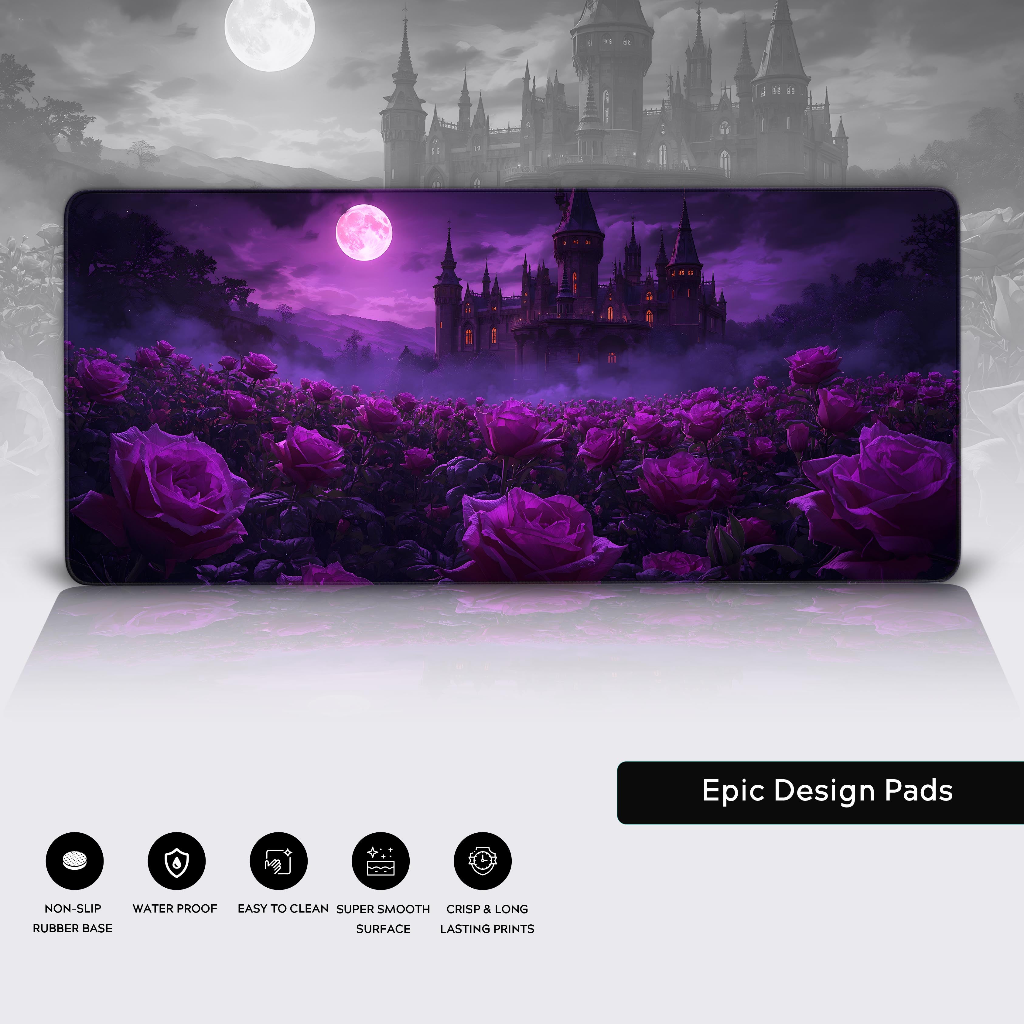 Close-up of the Midnight Roses gothic desk mat, highlighting the durable stitched edges, water-resistant surface, and non-slip rubber base. - Epic Design Pads & Mousepads