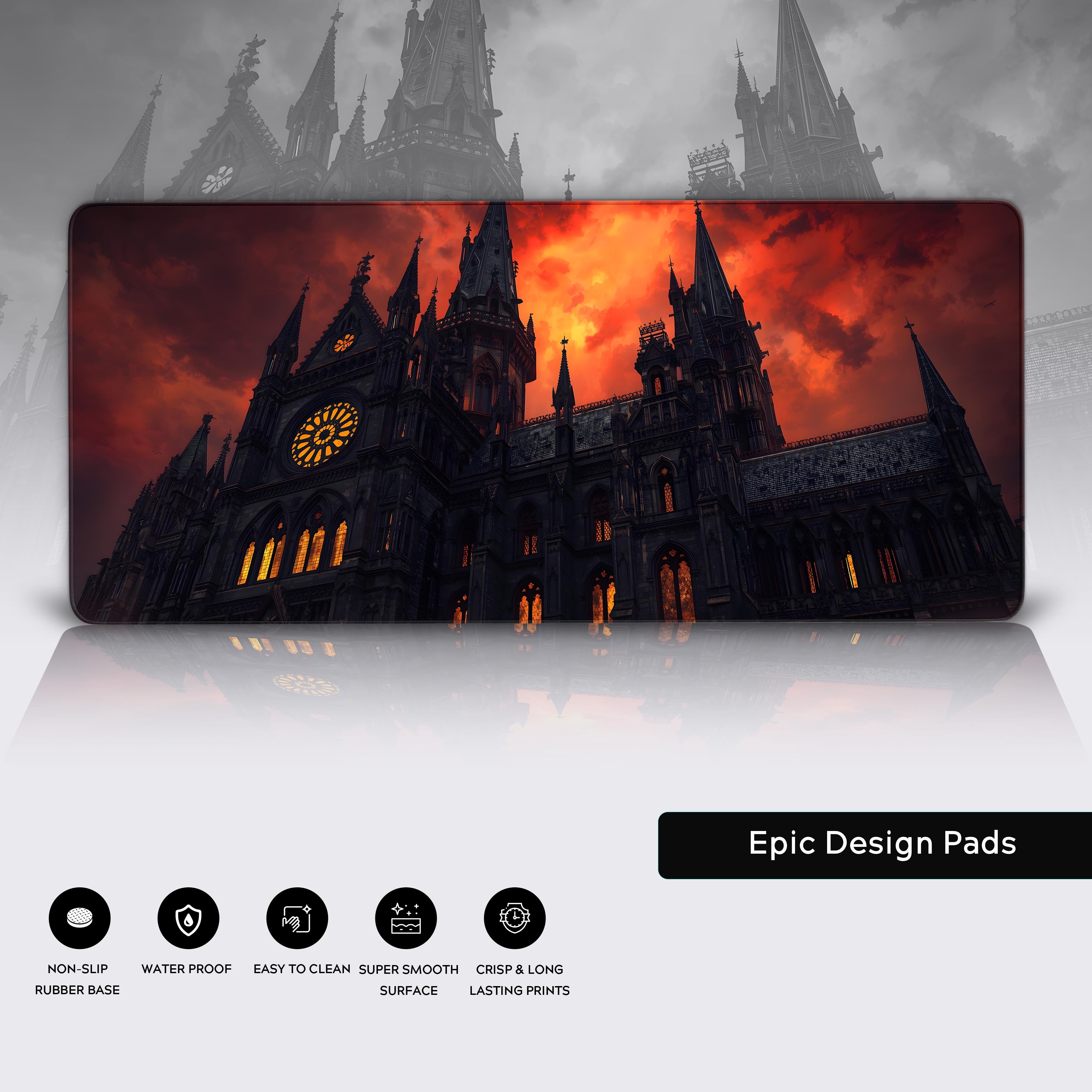 Close-up of the Dark Cathedral fantasy desk mat showcasing the high-quality stitched edges and the non-slip rubber base. - Epic Design Pads & Mousepads