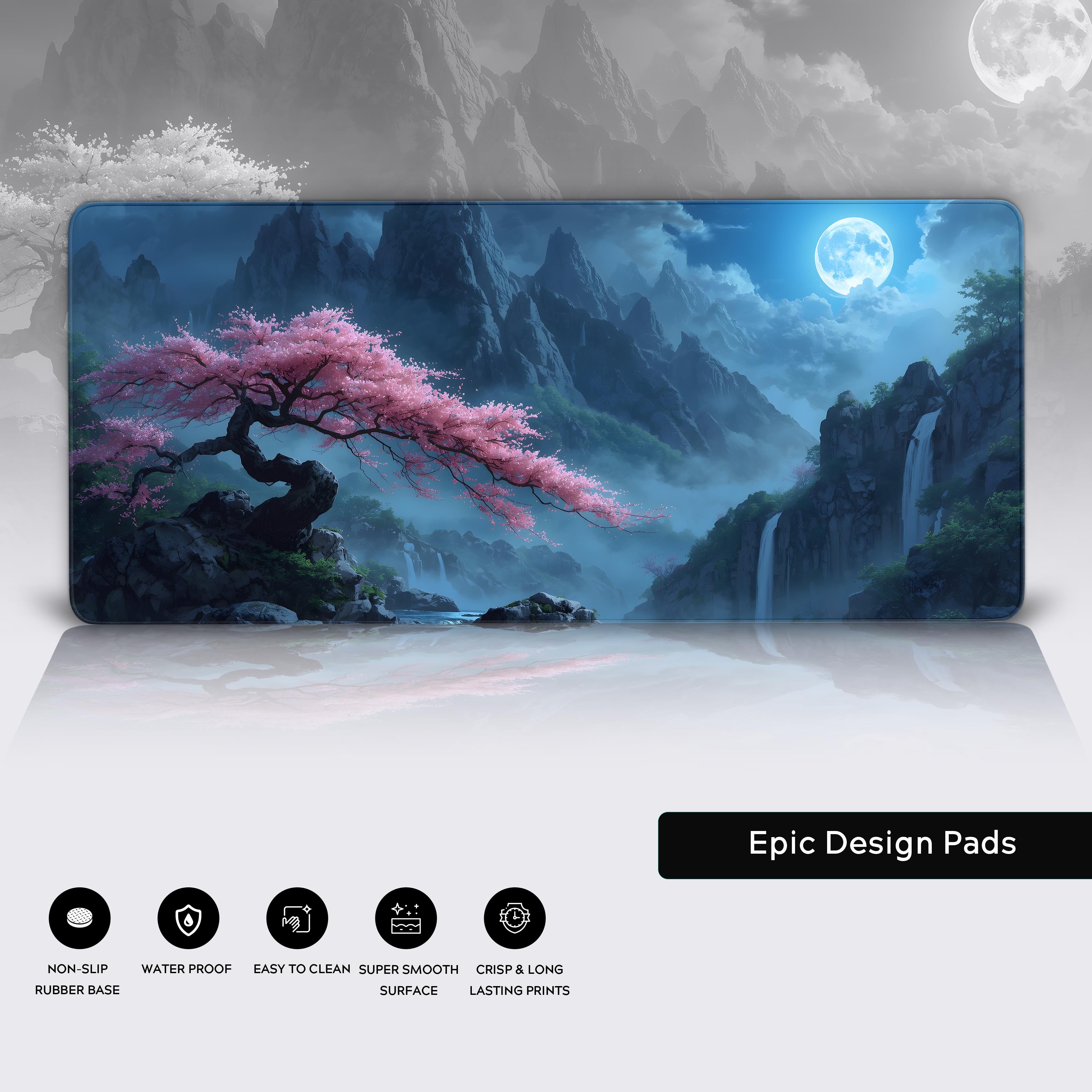 Close-up of the Sakura Falls desk mat. Highlights the high-quality stitched edges, smooth water-resistant surface, and non-slip rubber base for optimal gaming performance. - Epic Design Pads & Mousepads