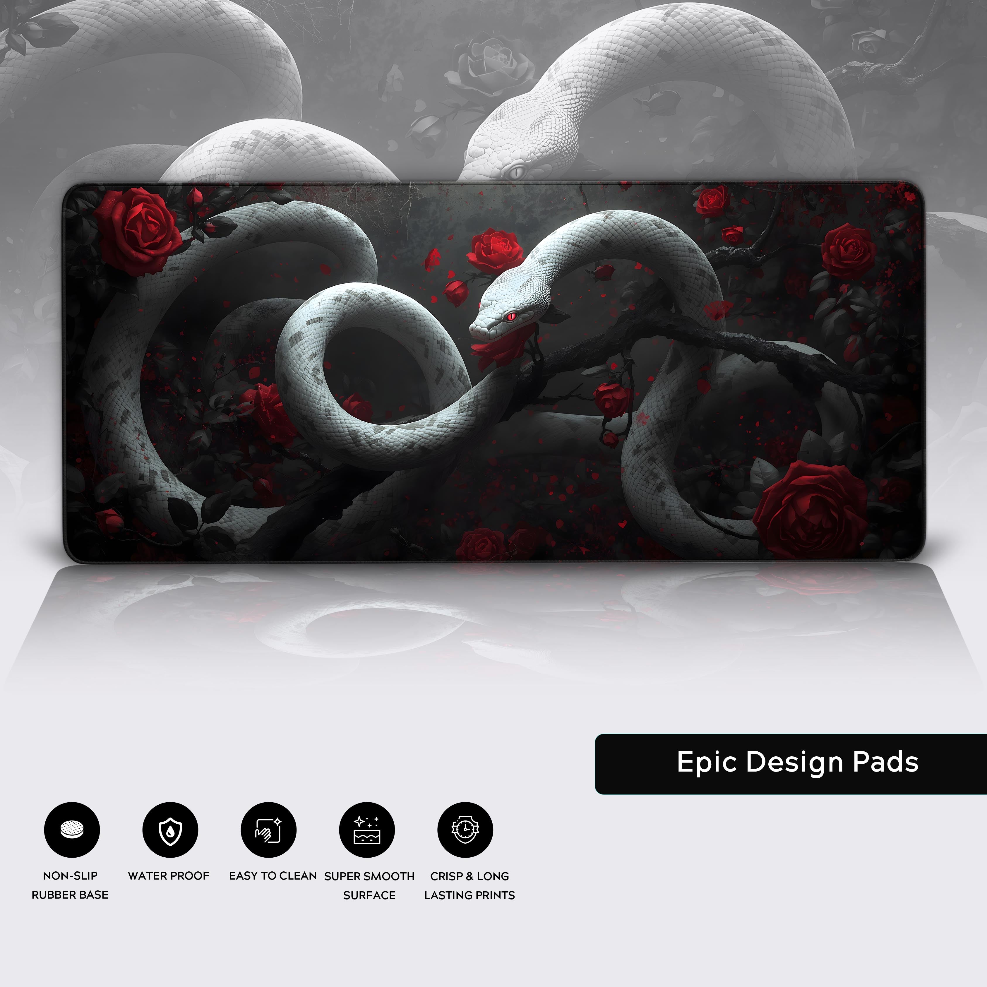 Close-up of the Dark Romance gothic desk mat showcasing the high-quality stitched edges, water-resistant surface, and non-slip rubber base. - Epic Design Pads & Mousepads
