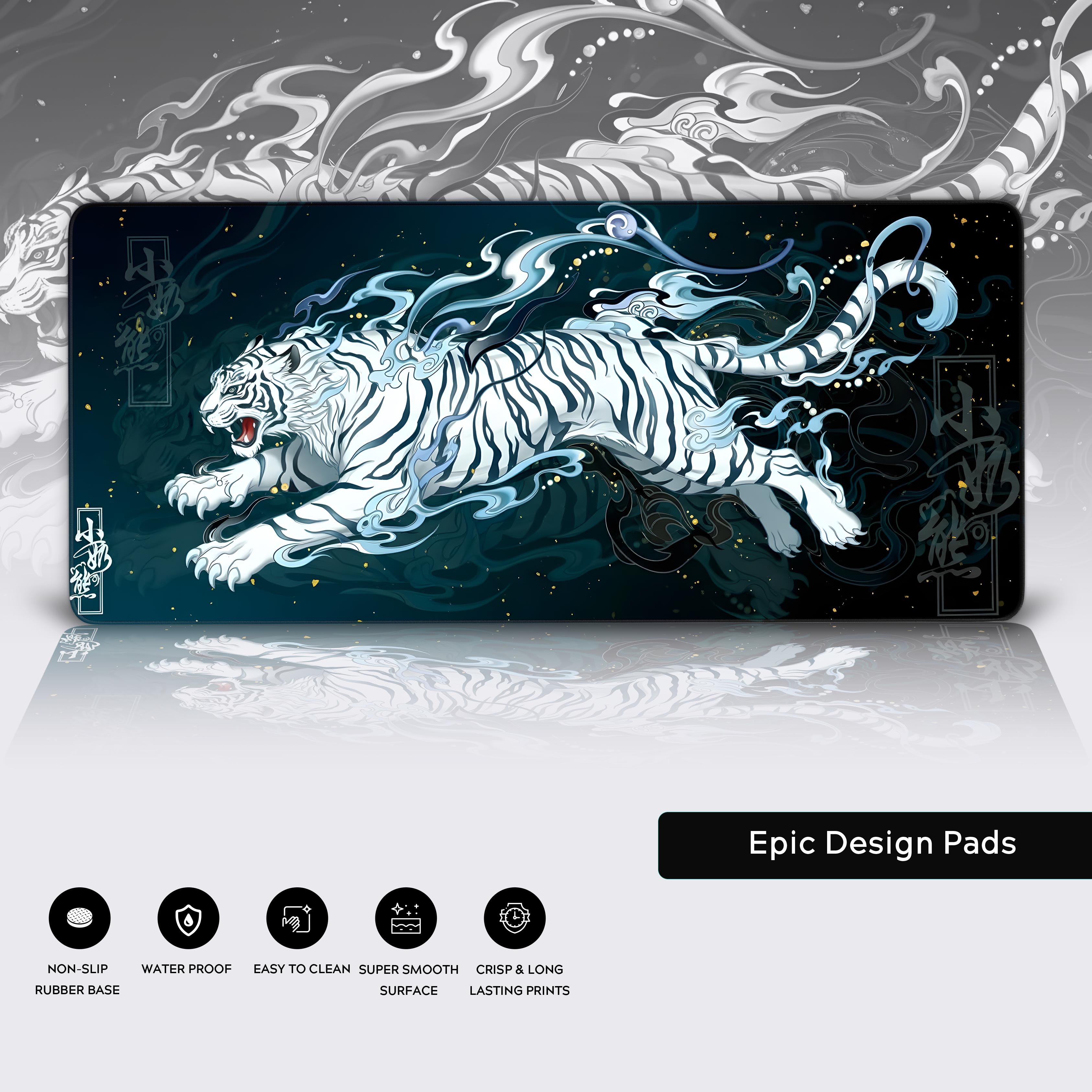 Spirit Tiger gaming mouse pad with a close-up on its premium stitched edges, water-resistant surface, and non-slip rubber base. - Epic Design Pads & Mousepads