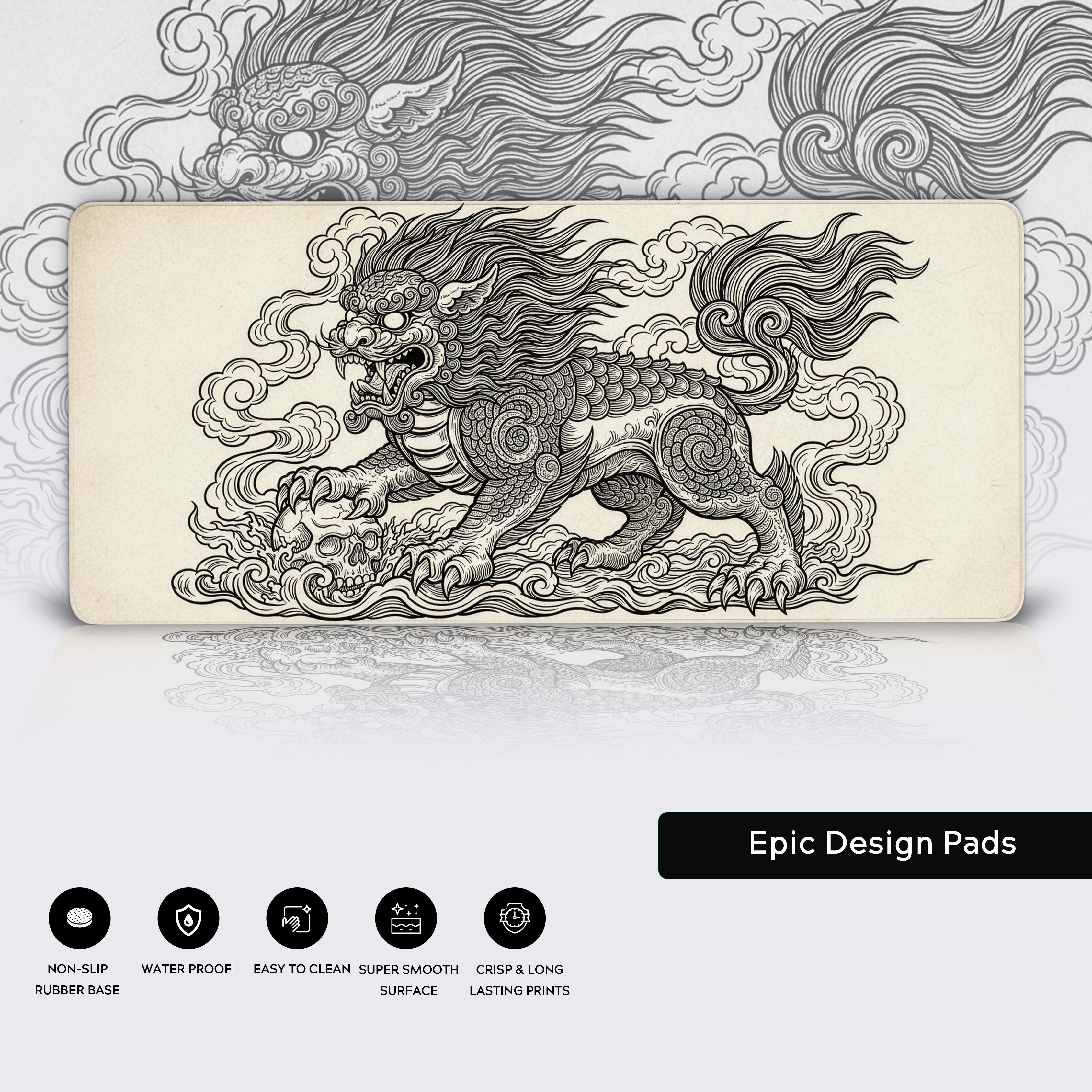 Guardian Lion desk mat showcasing detailed Foo Dog line art, durable stitched edges, and a non-slip base. - Epic Design Pads & Mousepads