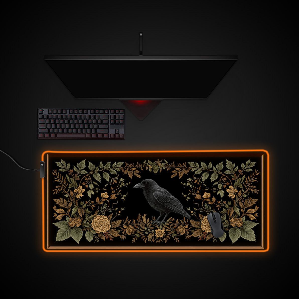 Ornate Raven desk mat with RGB edge lighting