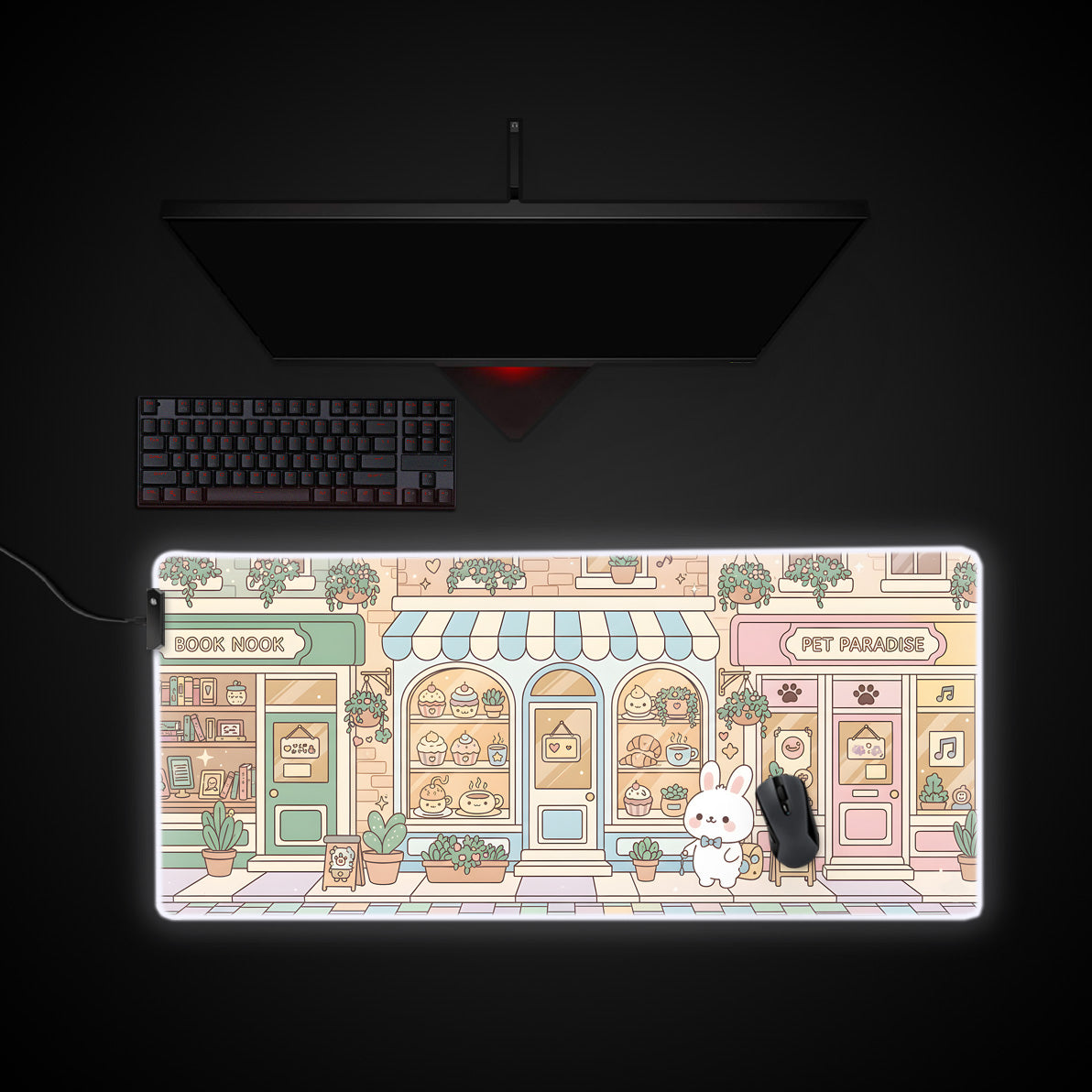 Kawaii Cozy Town desk mat with RGB edge lighting