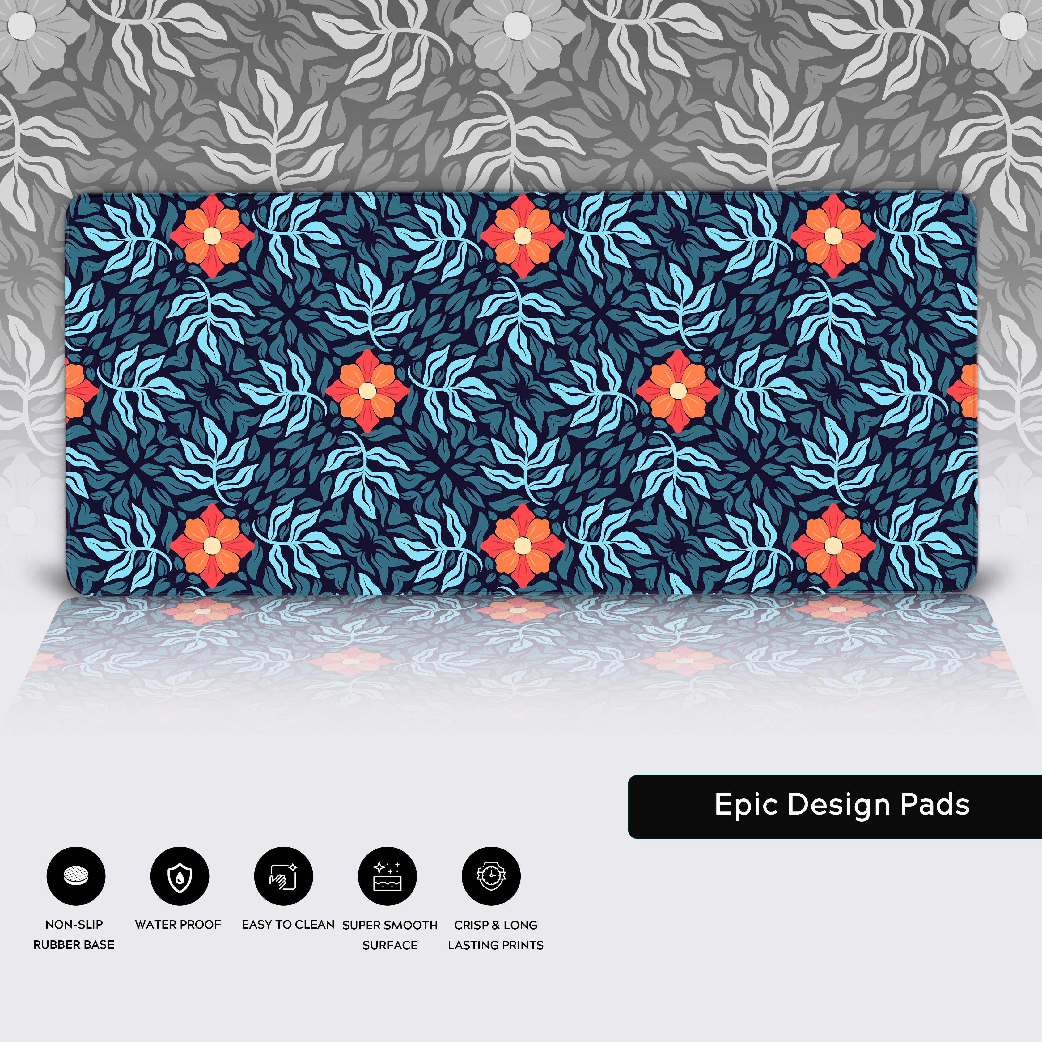 Close-up of the floral desk mat showcasing its smooth, water-resistant surface, durable stitched edges, and non-slip rubber base. - Epic Design Pads & Mousepads