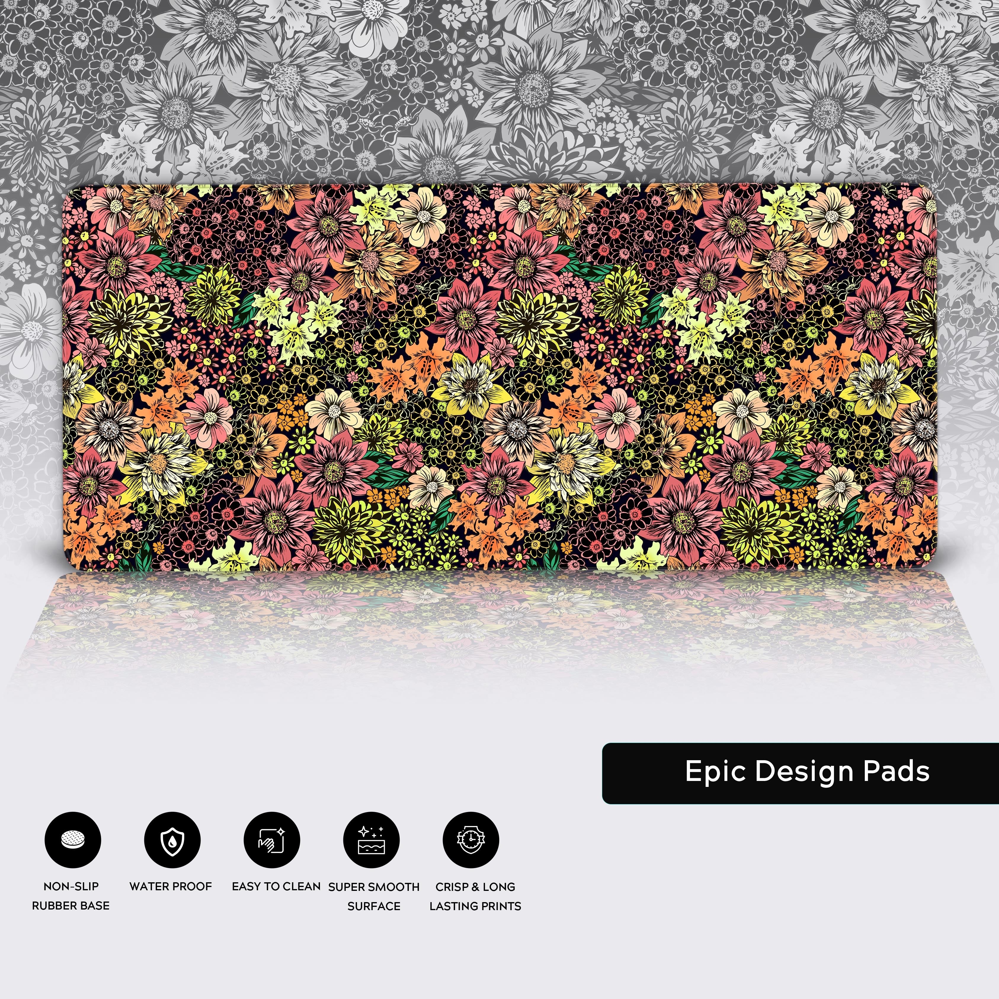 Close-up of the Floral Burst desk mat highlighting the detailed flower art, waterproof surface, and durable stitched edges. - Epic Design Pads & Mousepads