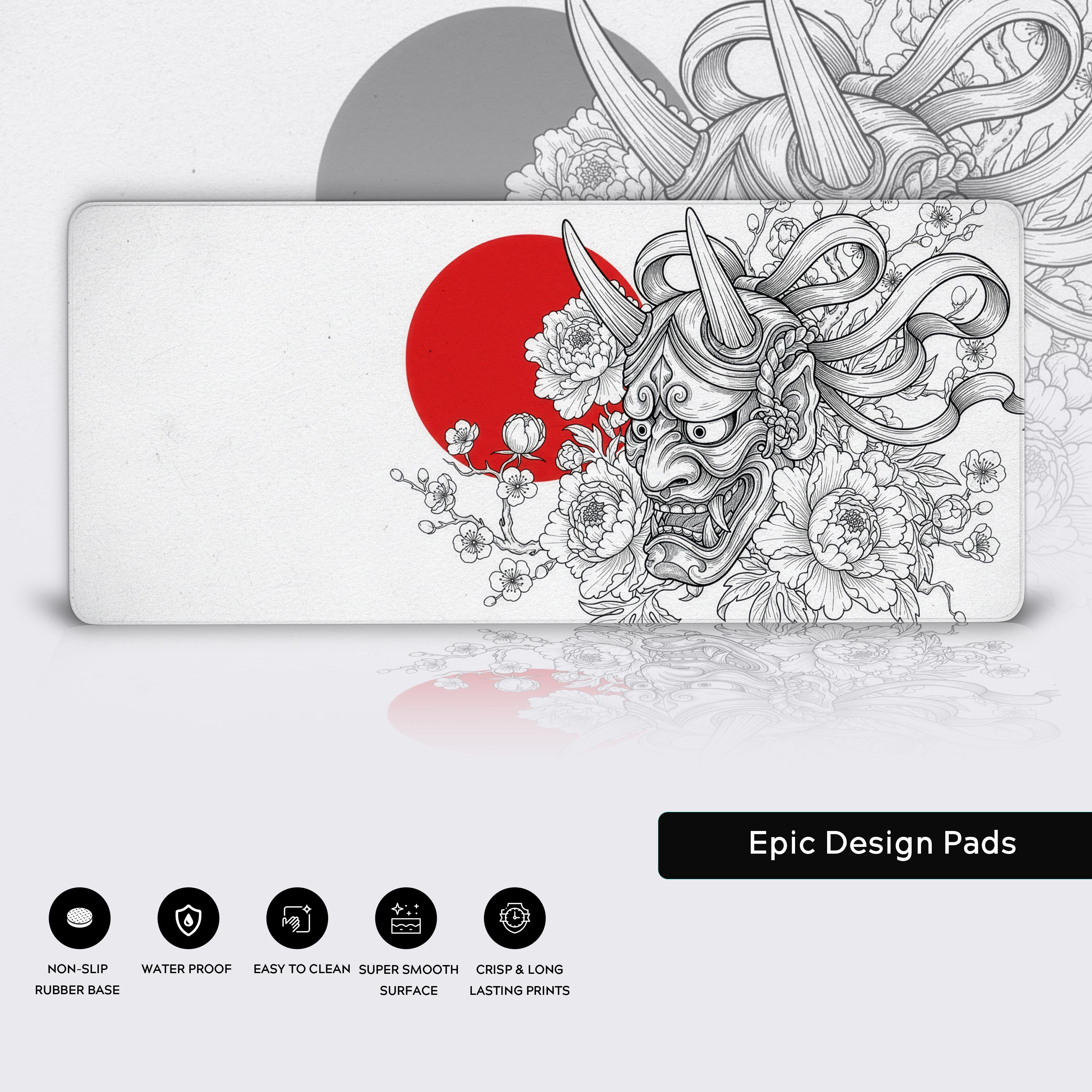 Close-up of the Red Sun Oni desk mat highlighting the durable stitched edges, smooth water-resistant surface, and non-slip rubber base. - Epic Design Pads & Mousepads