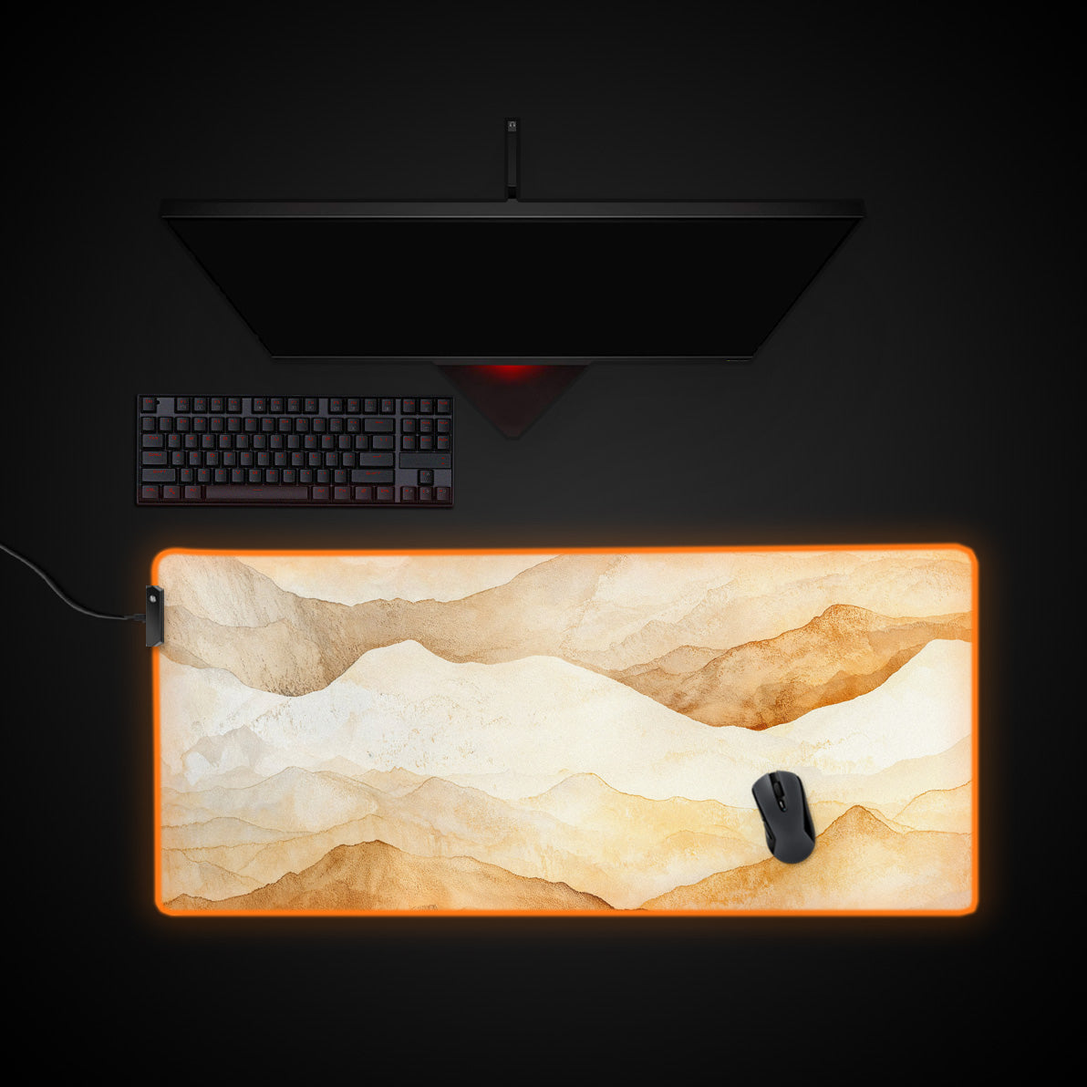 Golden Horizons desk mat with RGB edge lighting