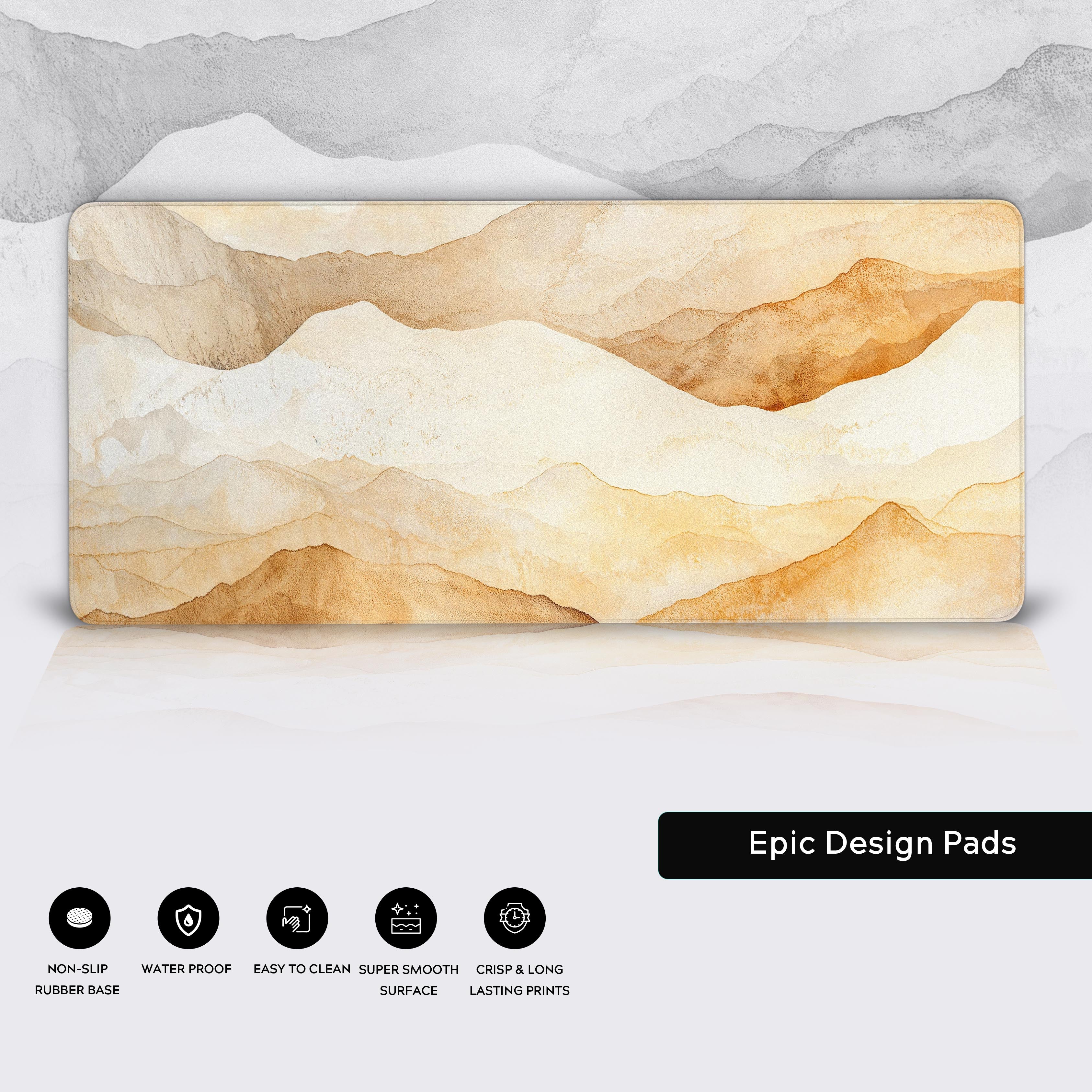 Close-up of the Golden Horizons watercolor desk mat showcasing the durable stitched edges, smooth fabric surface, and non-slip rubber base for precision control. - Epic Design Pads & Mousepads