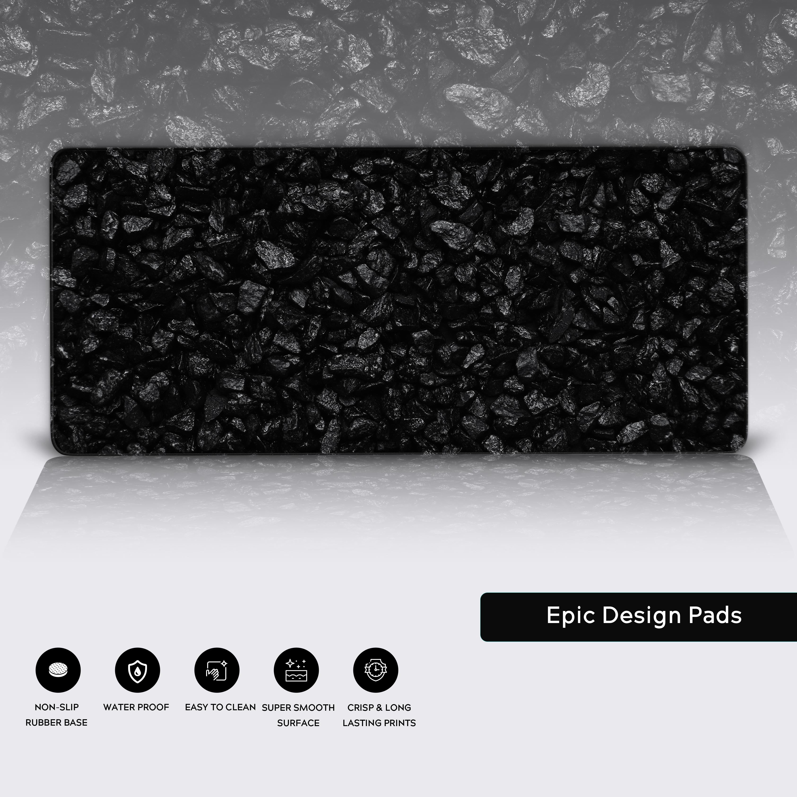 Black Gravel desk mat showcasing premium features – a detailed close-up of the smooth surface, stitched edges, and non-slip rubber base. - Epic Design Pads & Mousepads