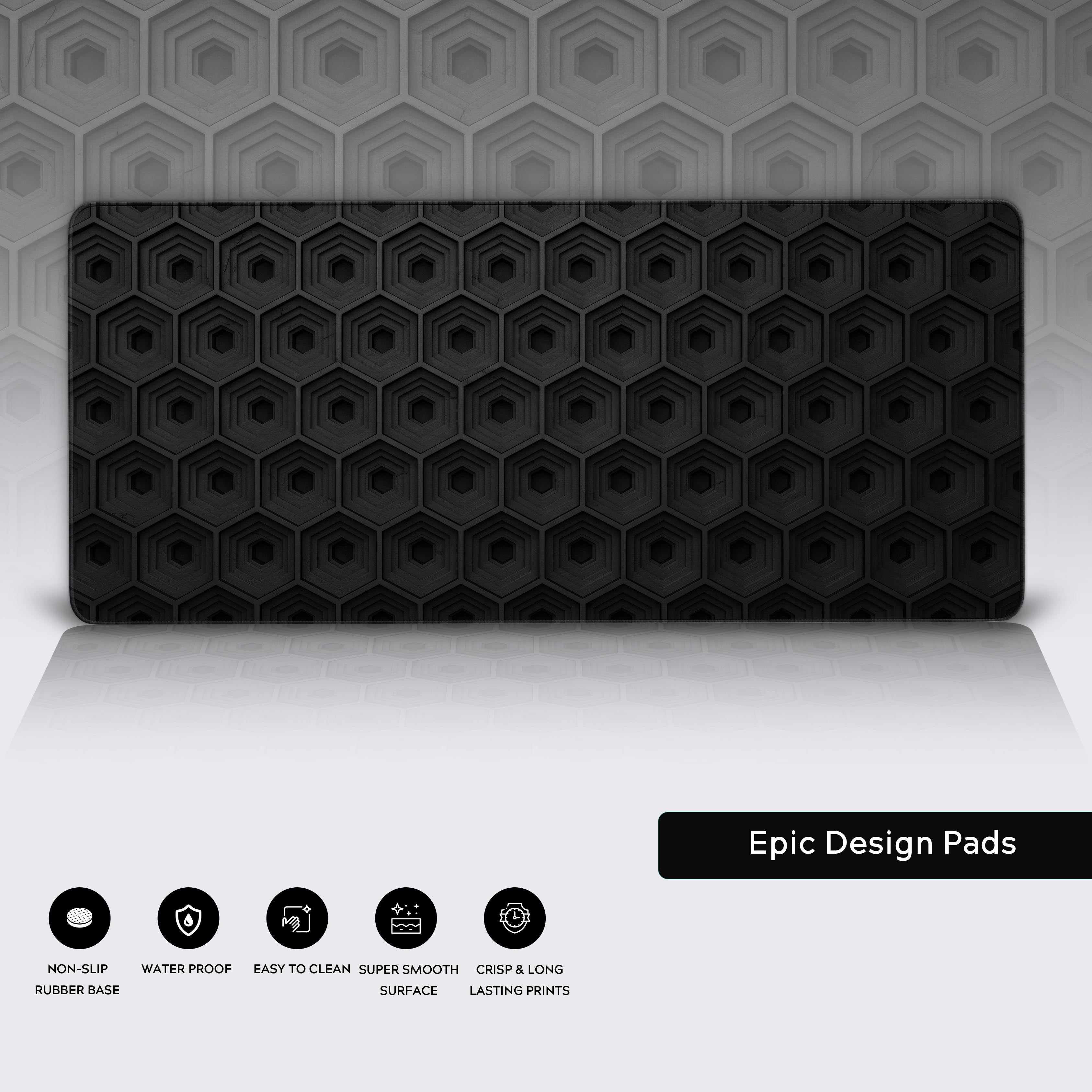 Close-up of the Deep Hive desk mat highlighting the 3D hexagon pattern, durable stitched edges, and non-slip rubber base for a stable workspace. - Epic Design Pads & Mousepads