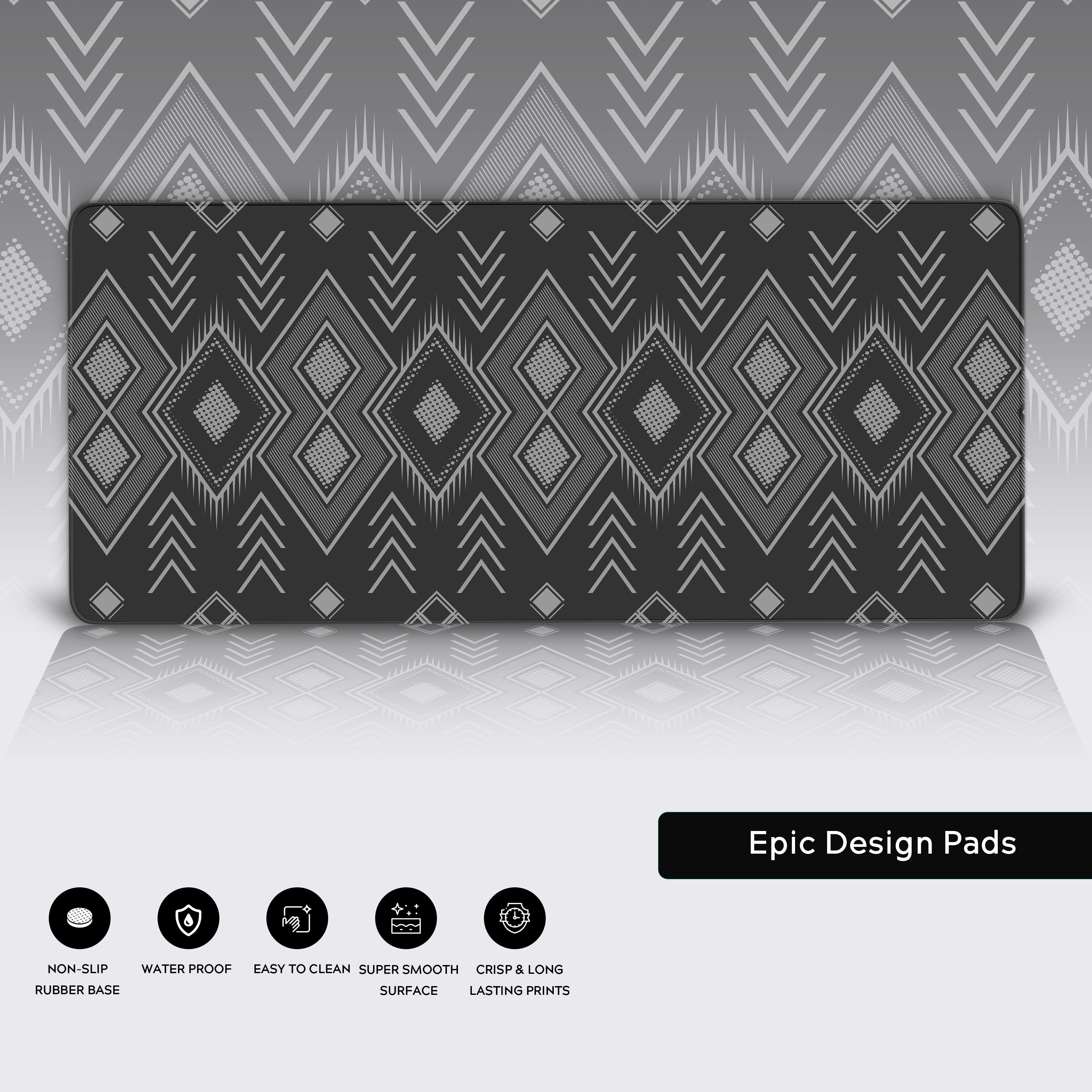 Close-up of the Aztec Gray desk mat highlighting its premium stitched edges, smooth water-resistant surface, and non-slip rubber base for stability. - Epic Design Pads & Mousepads
