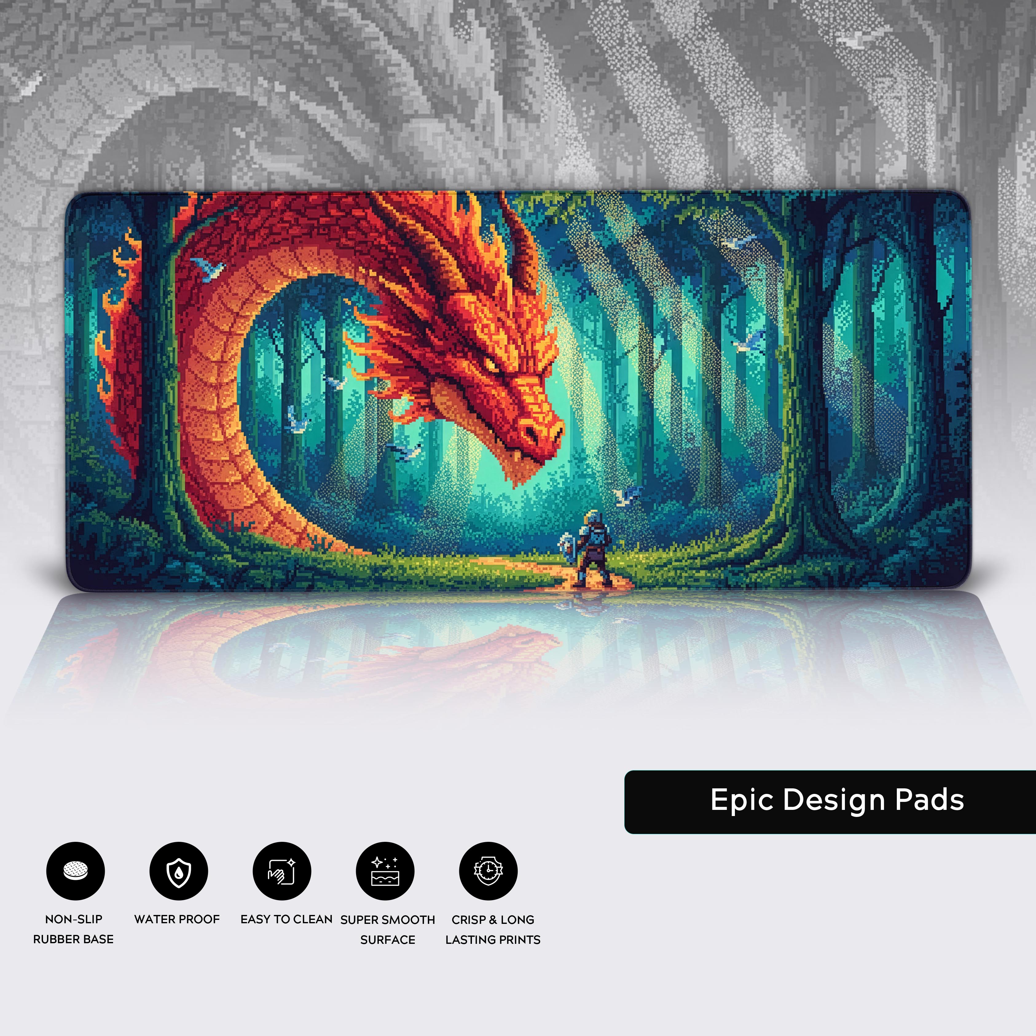 Retro Quest pixel art gaming desk mat showing the non-slip rubber base, durable stitched edges, and smooth water-resistant surface. - Epic Design Pads & Mousepads