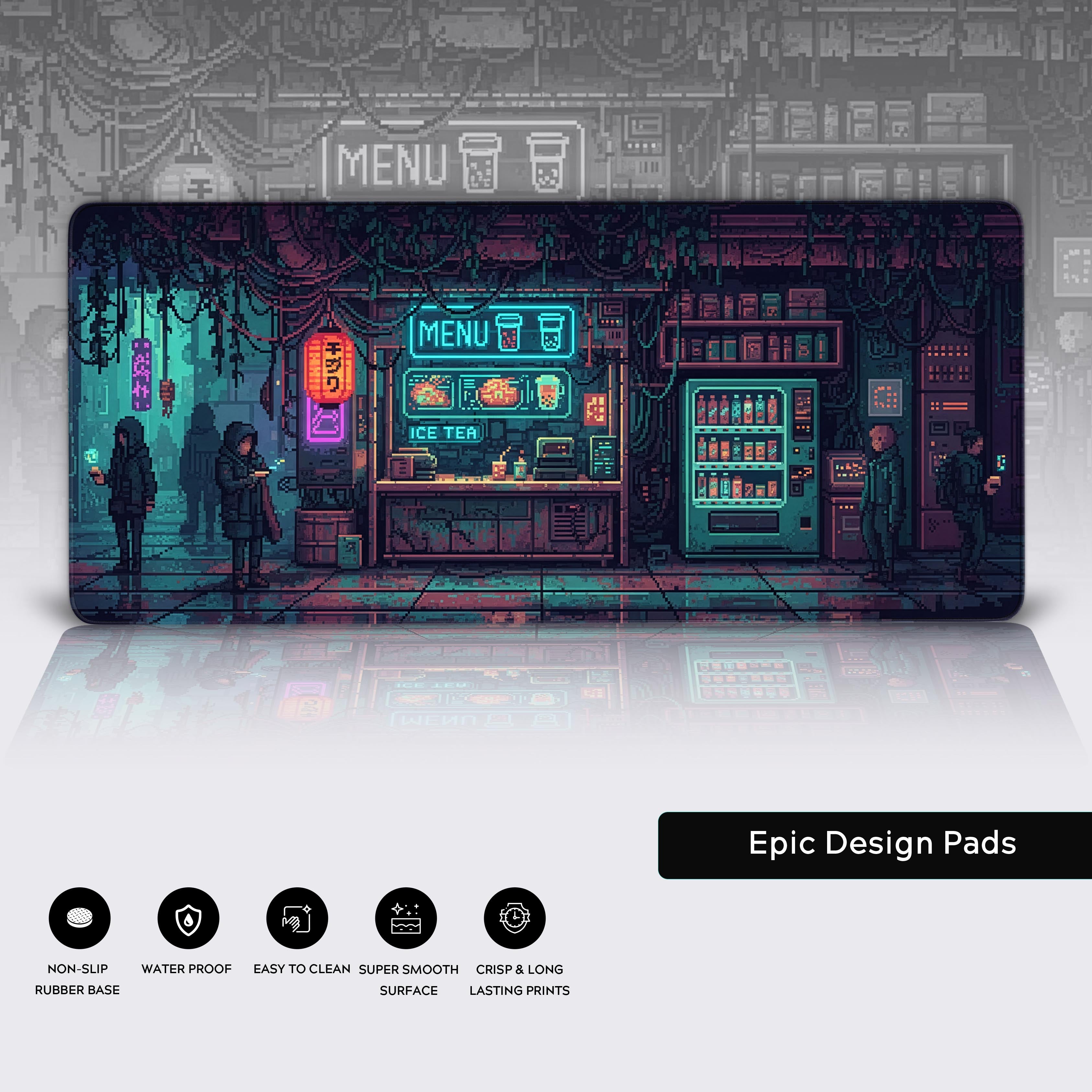 Close-up of the Night Market desk mat showcasing the high-quality pixel art print, durable stitched edges, and non-slip rubber base. - Epic Design Pads & Mousepads