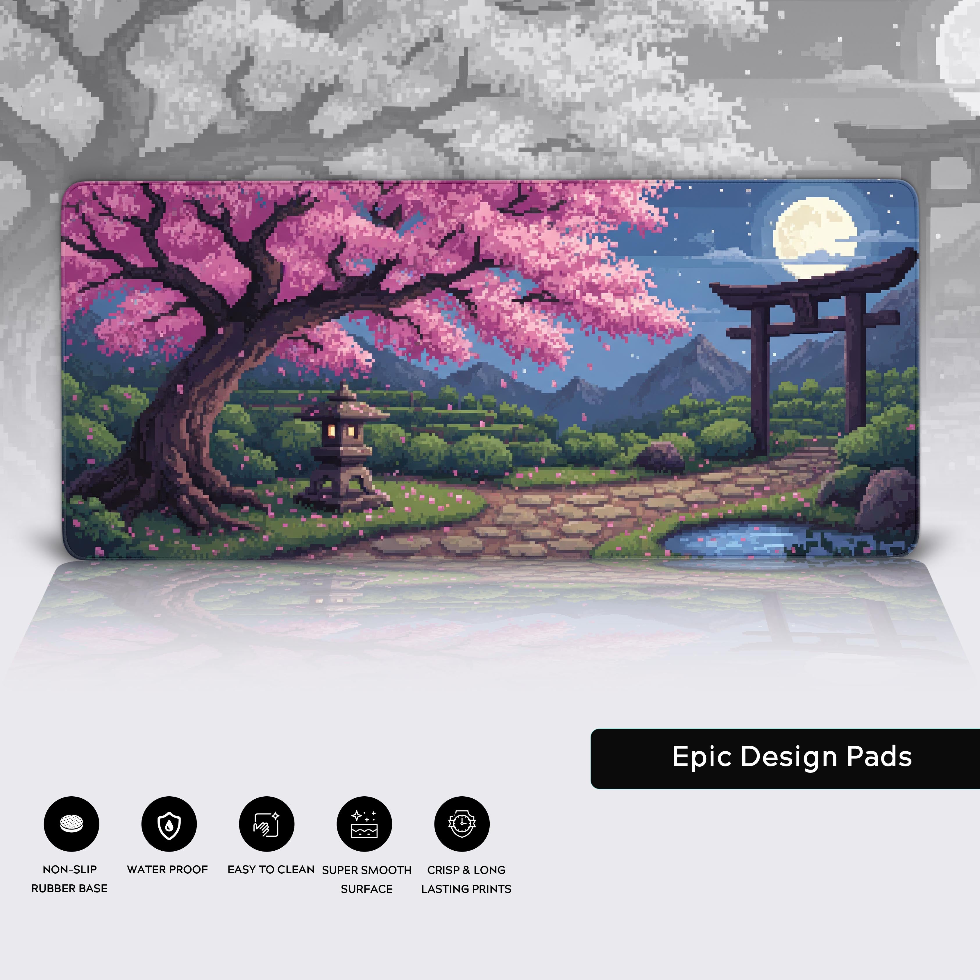 Close-up of the Pixel Sakura gaming desk mat, highlighting the high-quality stitched edges, smooth fabric surface, and non-slip rubber base for precision control. - Epic Design Pads & Mousepads