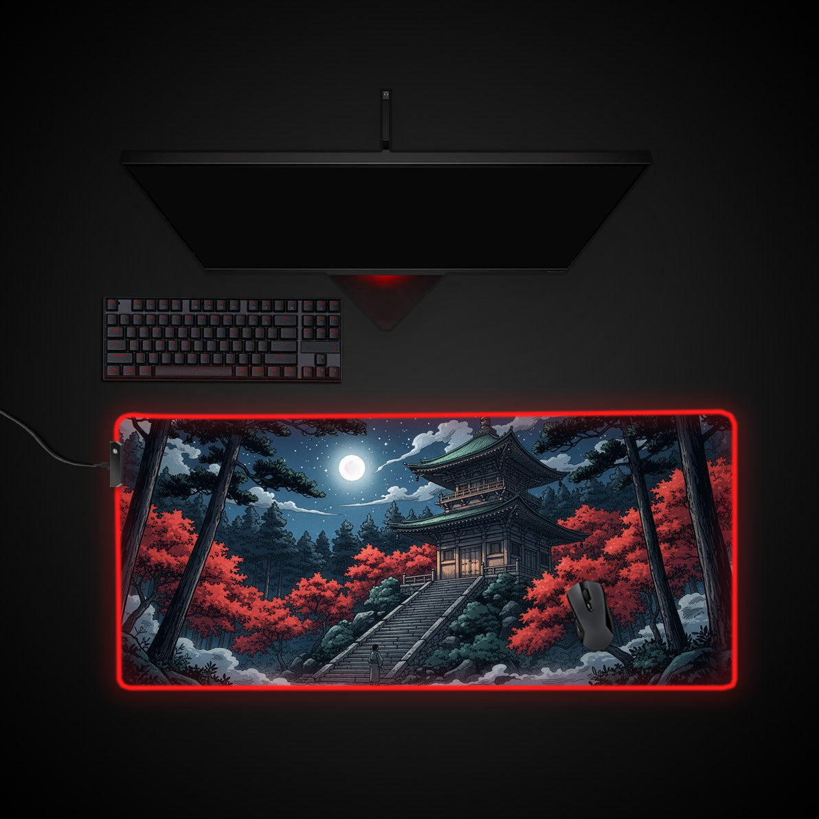 Moonlit Temple desk mat with RGB edge lighting